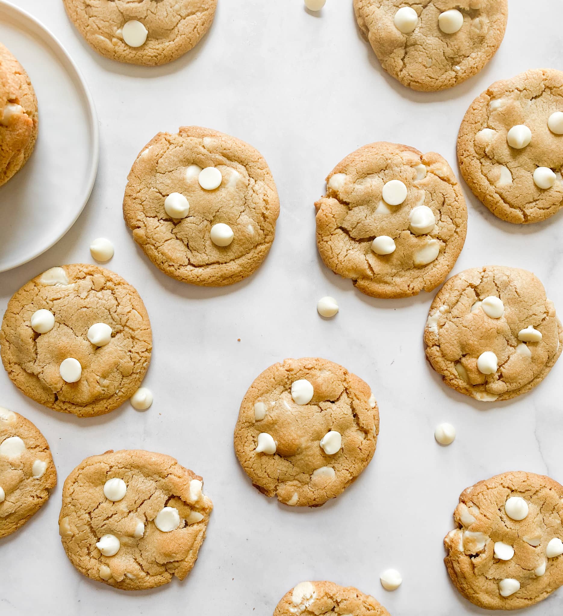 Gluten-free white chocolate chip cookies. Photo was taken from an aerial view of a spread of cookies.