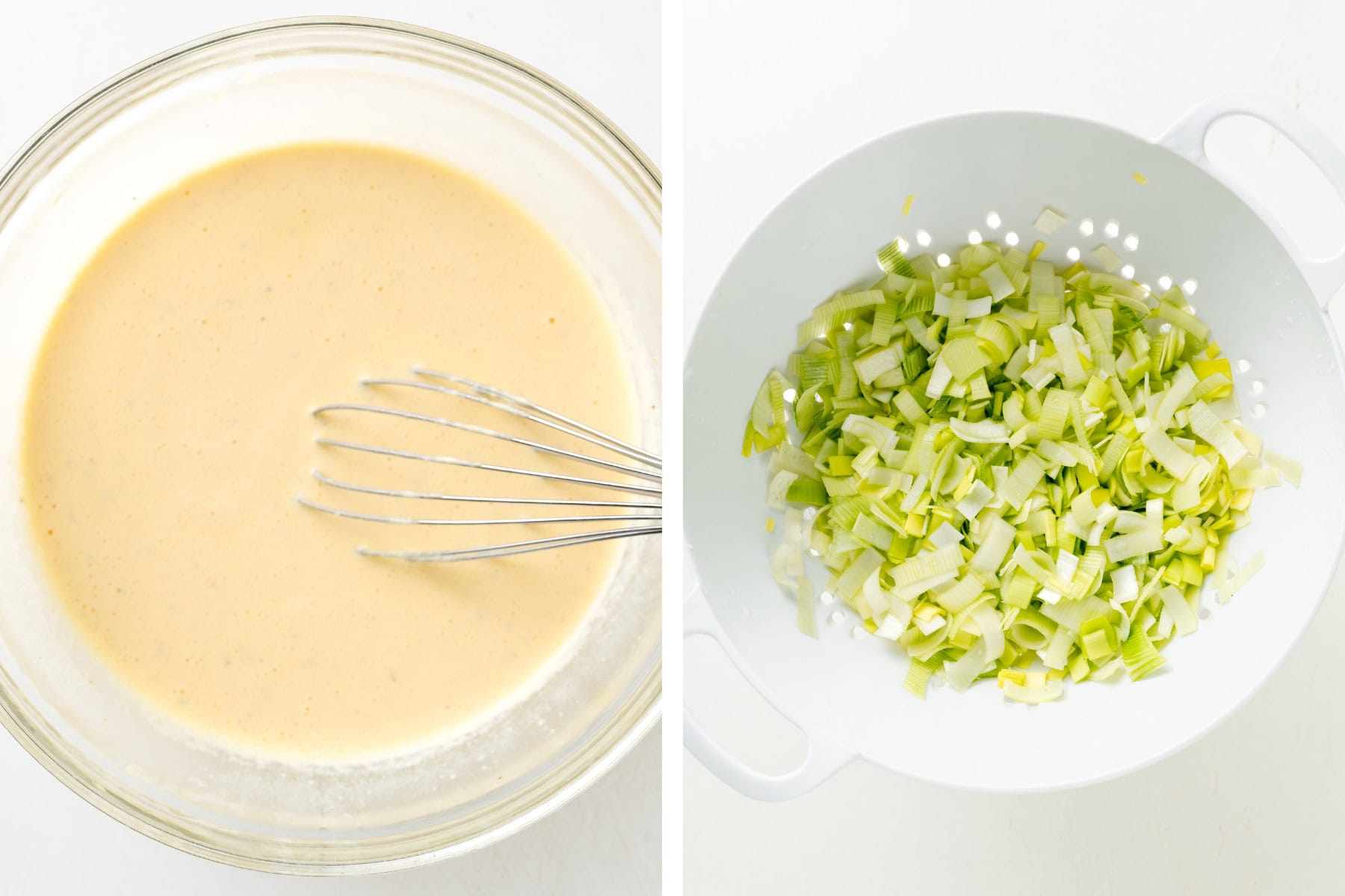 Mix together eggs, heavy cream, and source cream in a large bowl. Leeks in a colander.