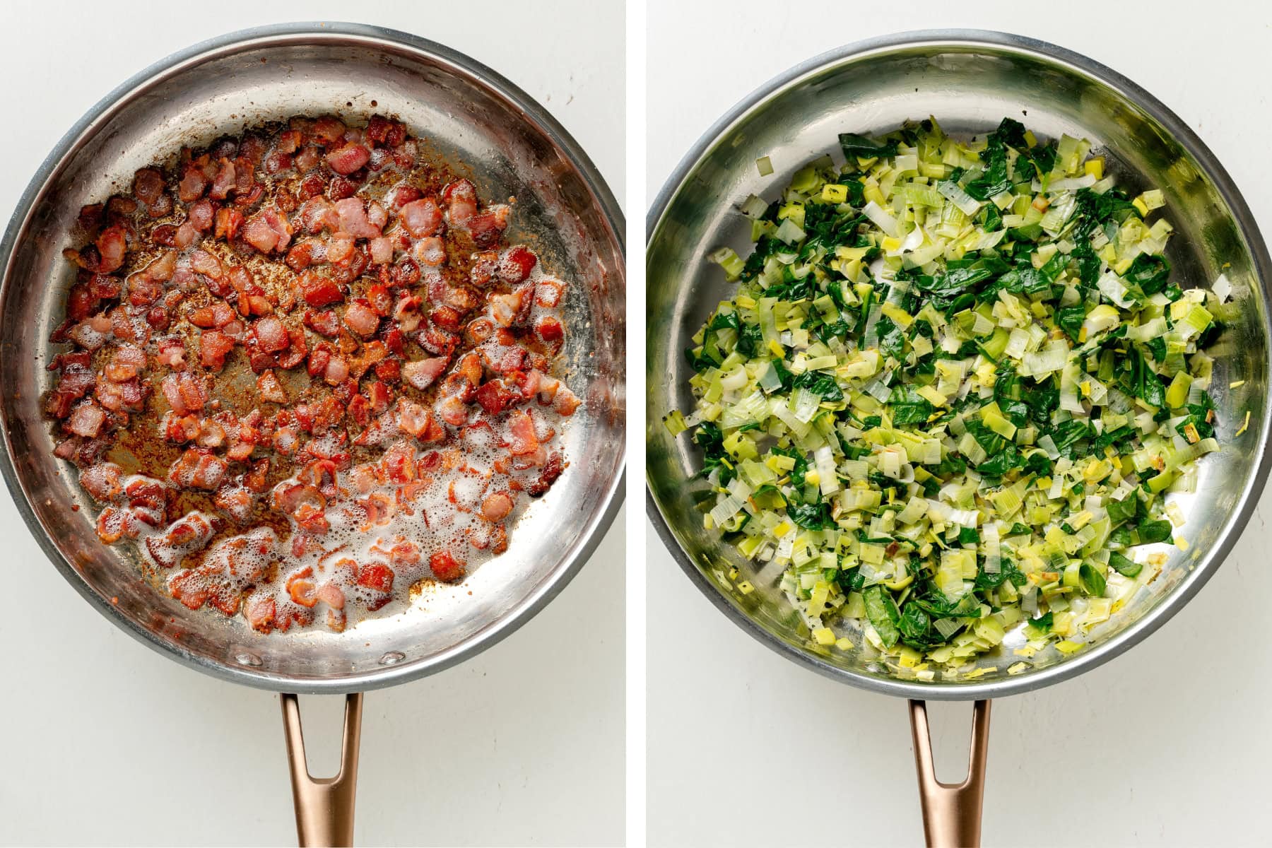Frying bacon in a large skillet, and sauteeing leeks, spinach and time in a skillet.