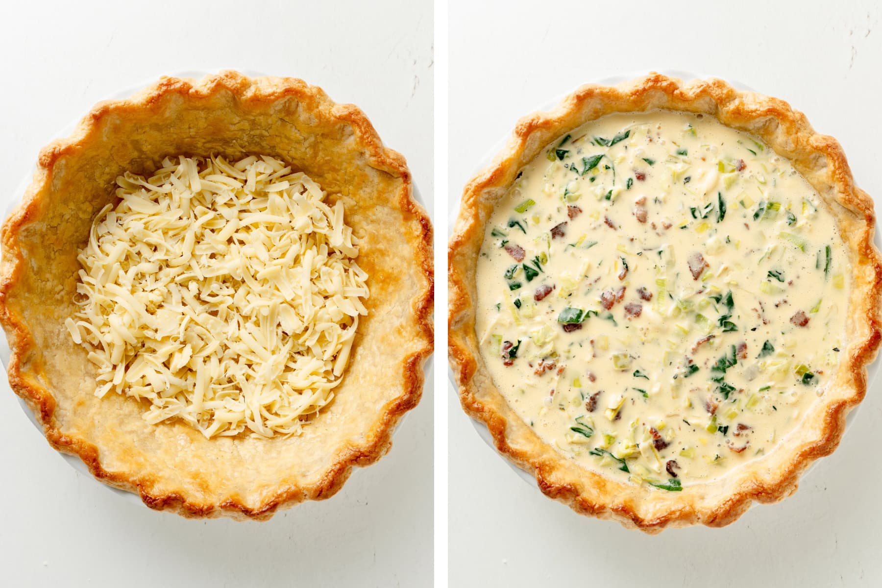 Adding cheese to a par-baked crust, then add the quiche filling over the top.