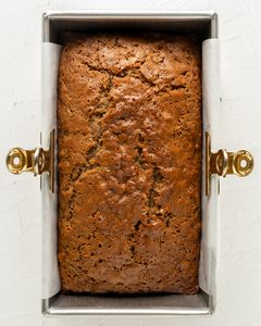 Fully Baked gluten free zucchini bread in a 9x5 inch loaf pan.