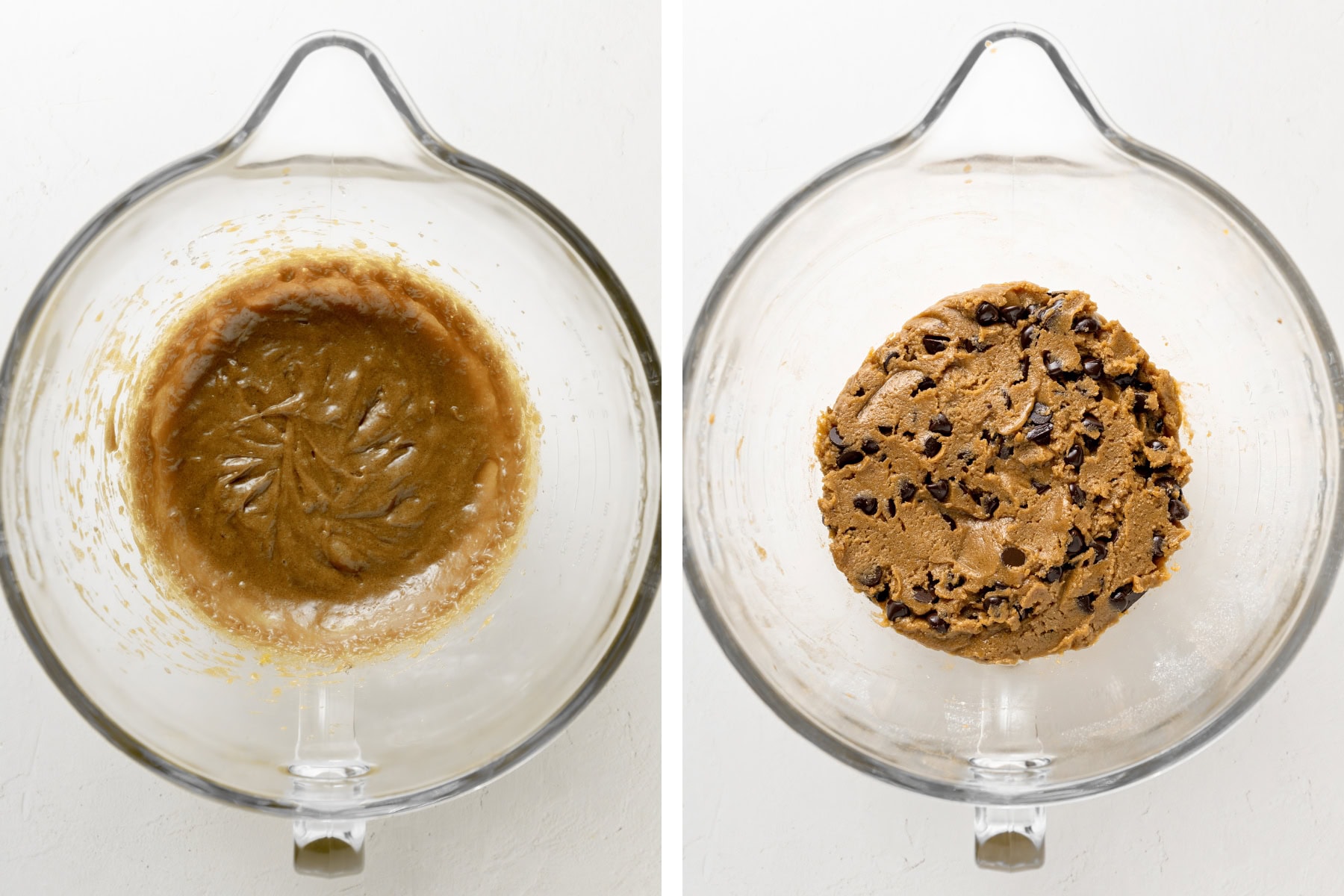 Creaming the the wet ingredients for coconut oil cookies, then adding the dry ingredients and chocolate.
