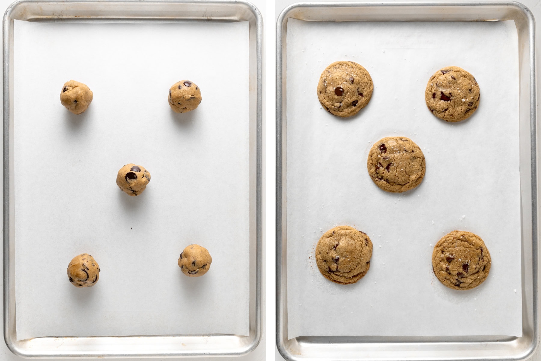 Scooping the coconut oil chocolate chip cookie dough into balls, then baking the cookies.