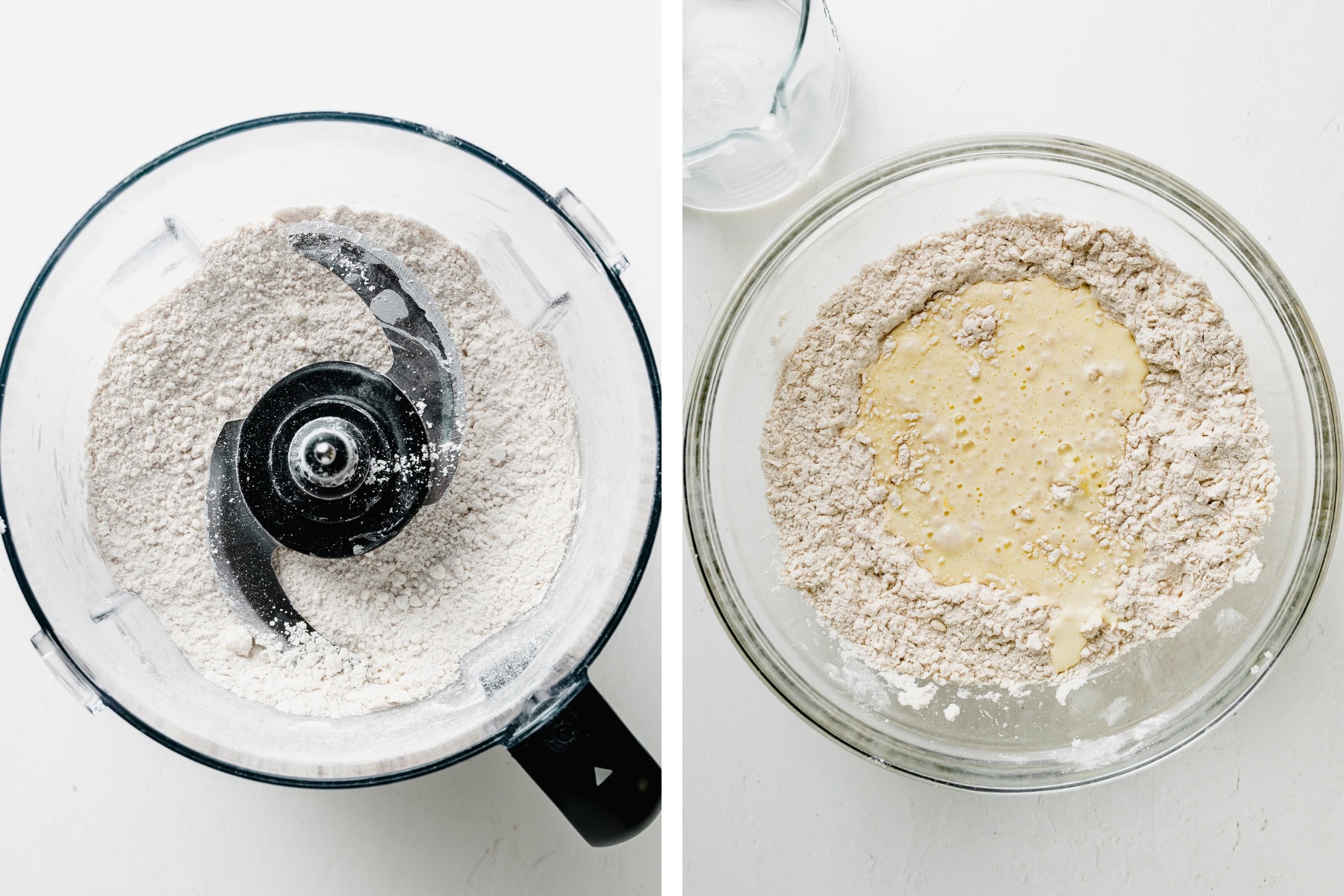 Steps showing how to make biscuits. Work butter into flour, then add the buttermilk milk and whisked egg.