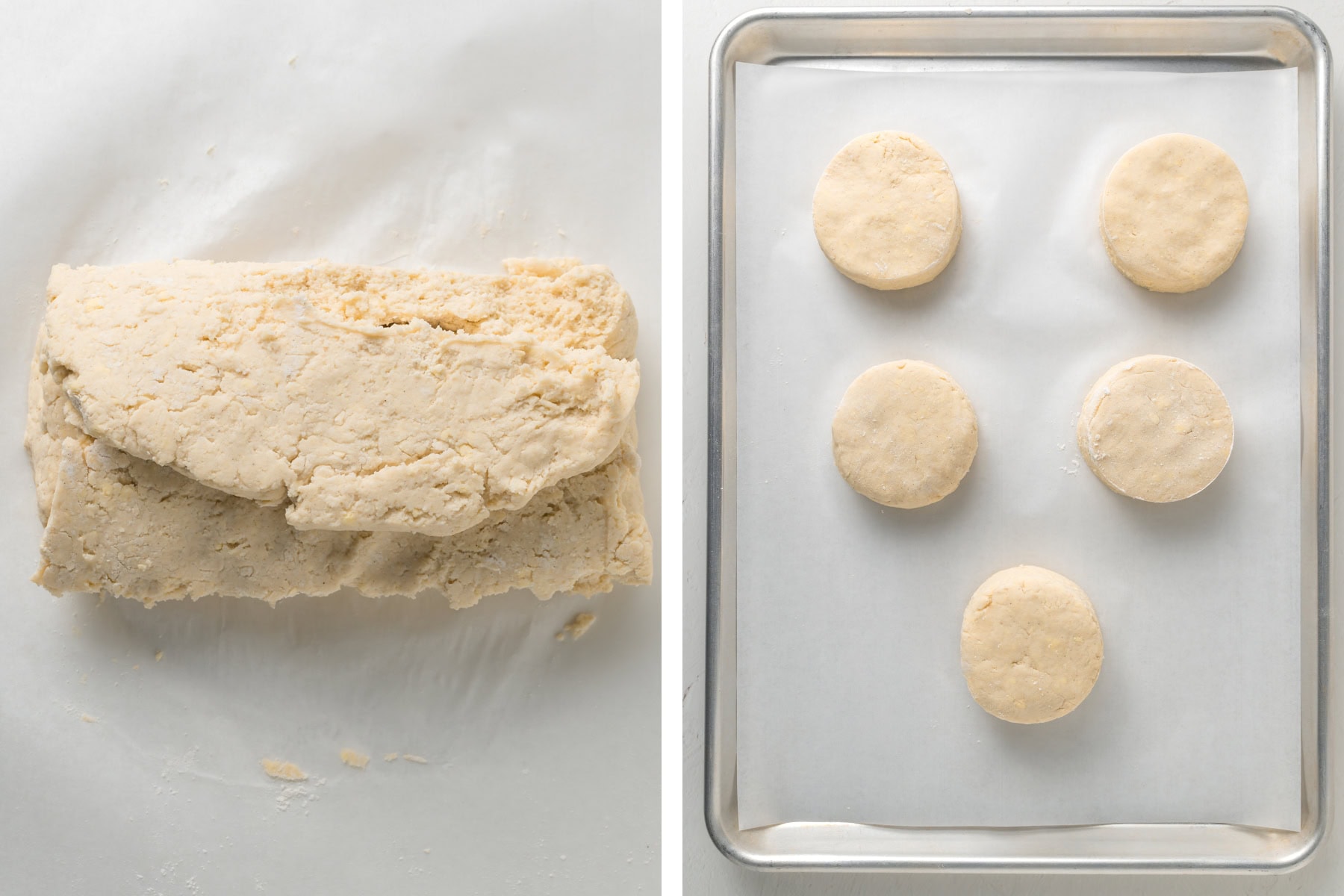 Laminate the biscuit dough then cut out the biscuits.