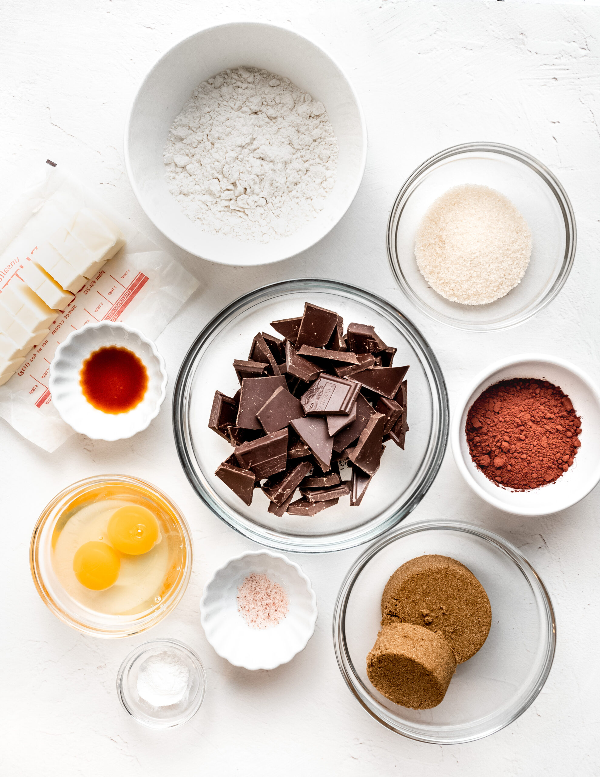 Overhead shot of all of the ingredients to make gluten-free chocolate brownie cookies.