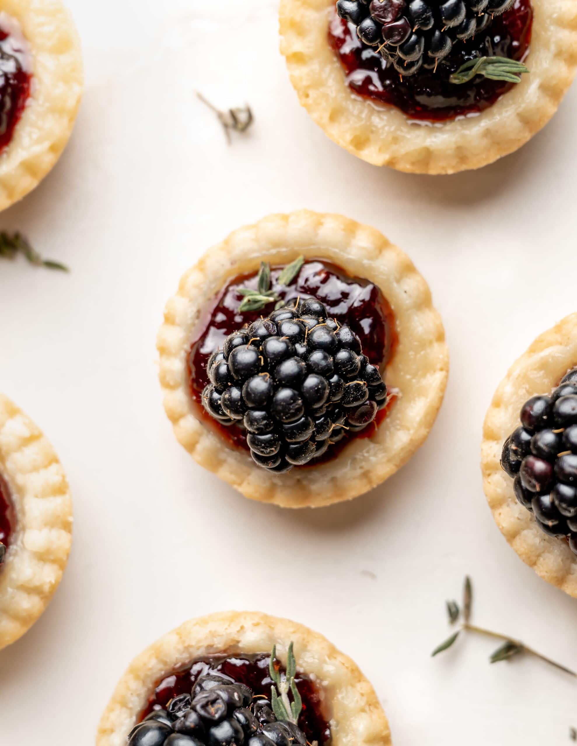 A close up photo of an assembled blackberry brie tart, with blackberry jam exposed, sprinkles of thyme, and a fresh blackberry on top.