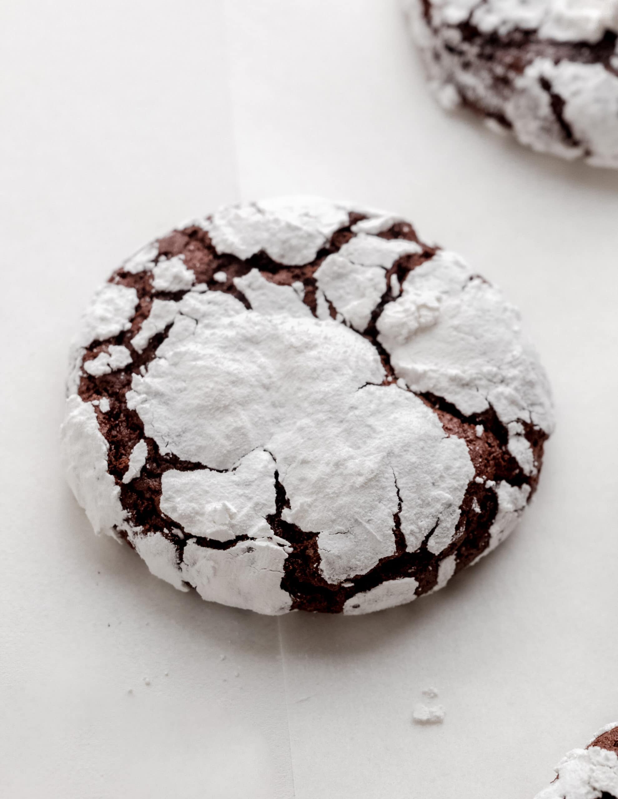 A picture of a large chocolate crinkle cookie with white powdered sugar on top. 