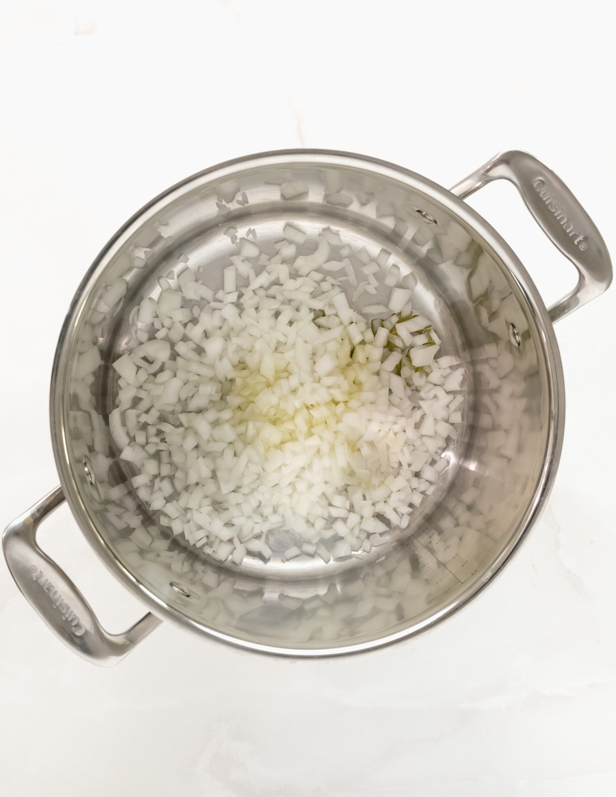 Stainless steel pot with diced onions and oil.
