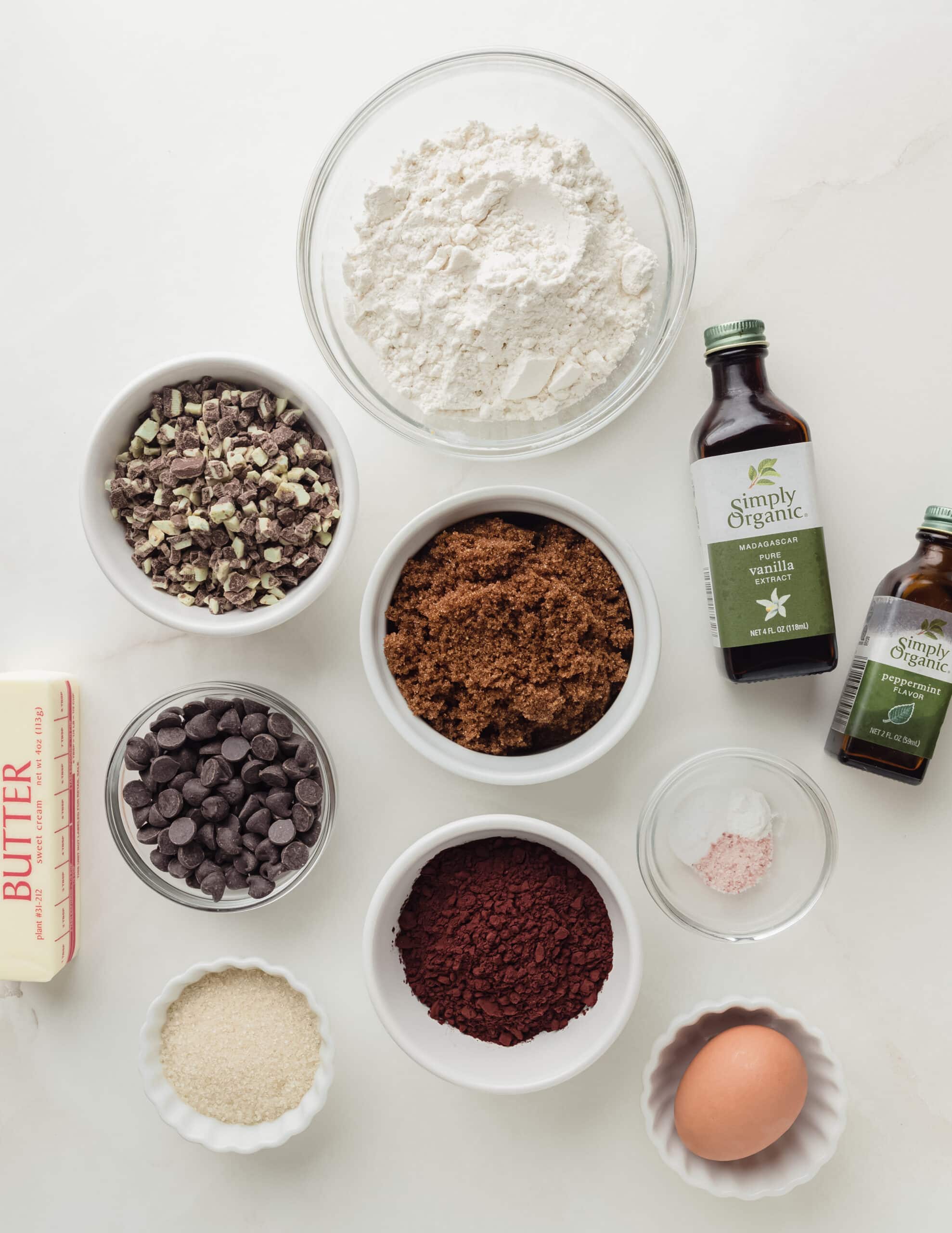 A photo showing all of the Ingredients for mint chocolate cookies.