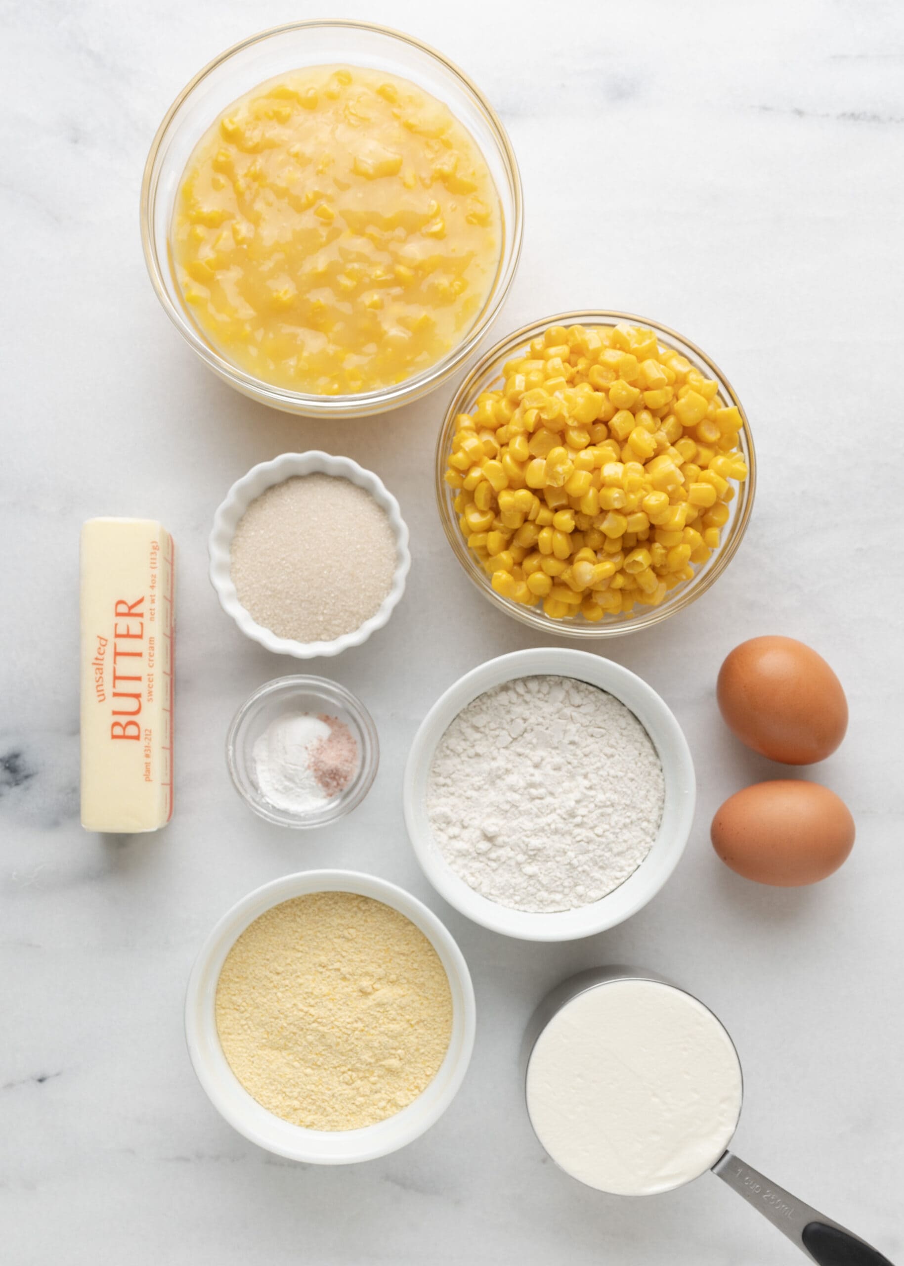 Ingredients of for gluten-free corn casserole.