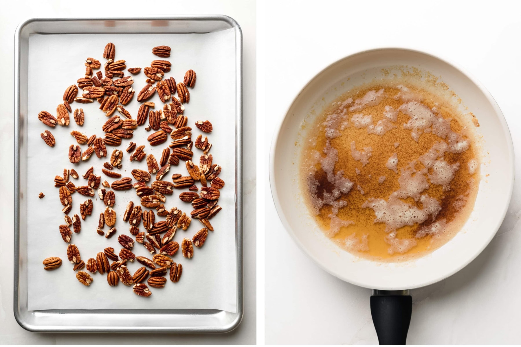 A silver baking tray with parchment paper and toasted pecans.
Browning butter.