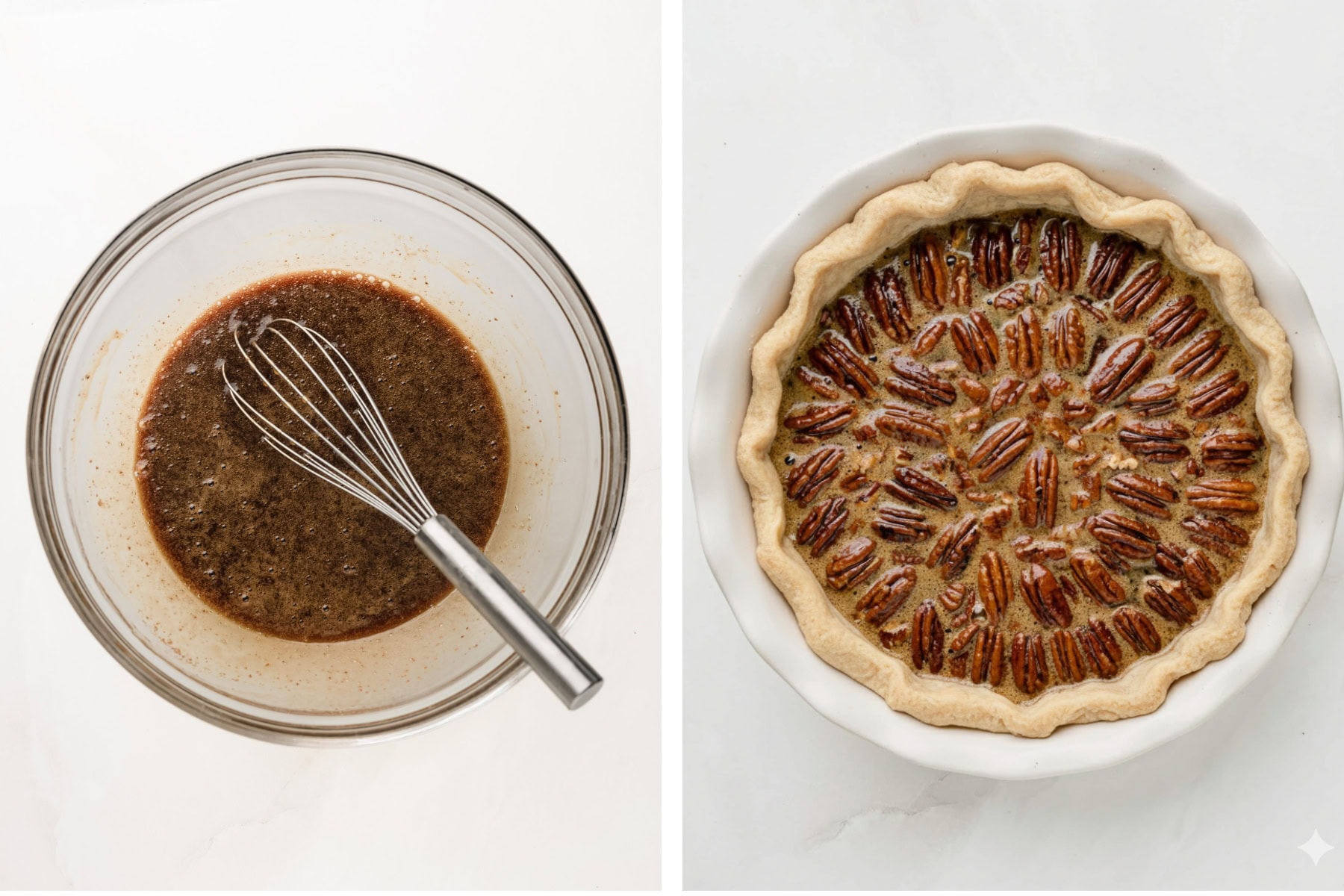 Whisk pecan filling ingredients then add to pie shell.