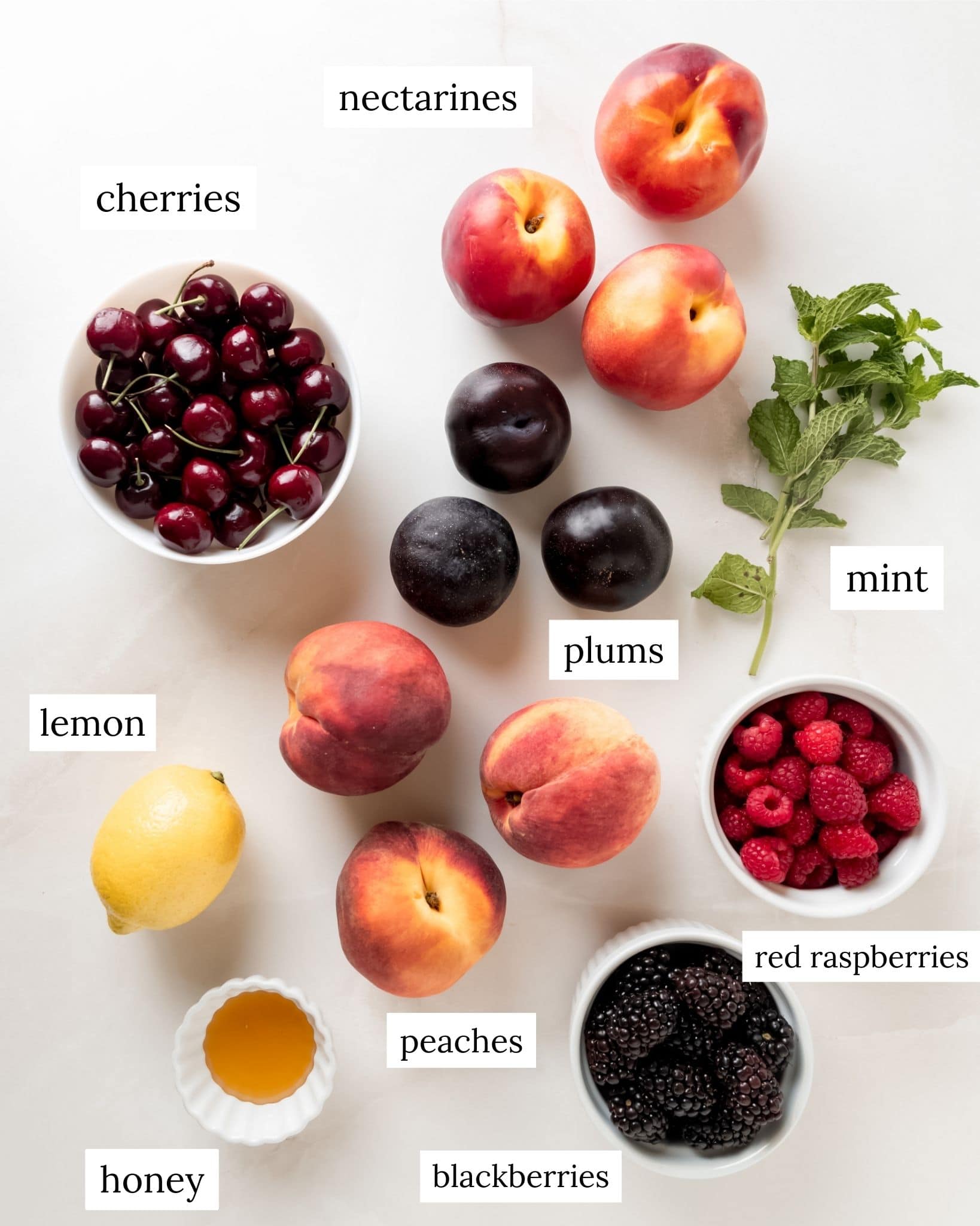 Ingredient shot of stone fruit featuring plums, nectarines, peaches, cherries, raspberries, blackberries, mint, lemon, and honey.