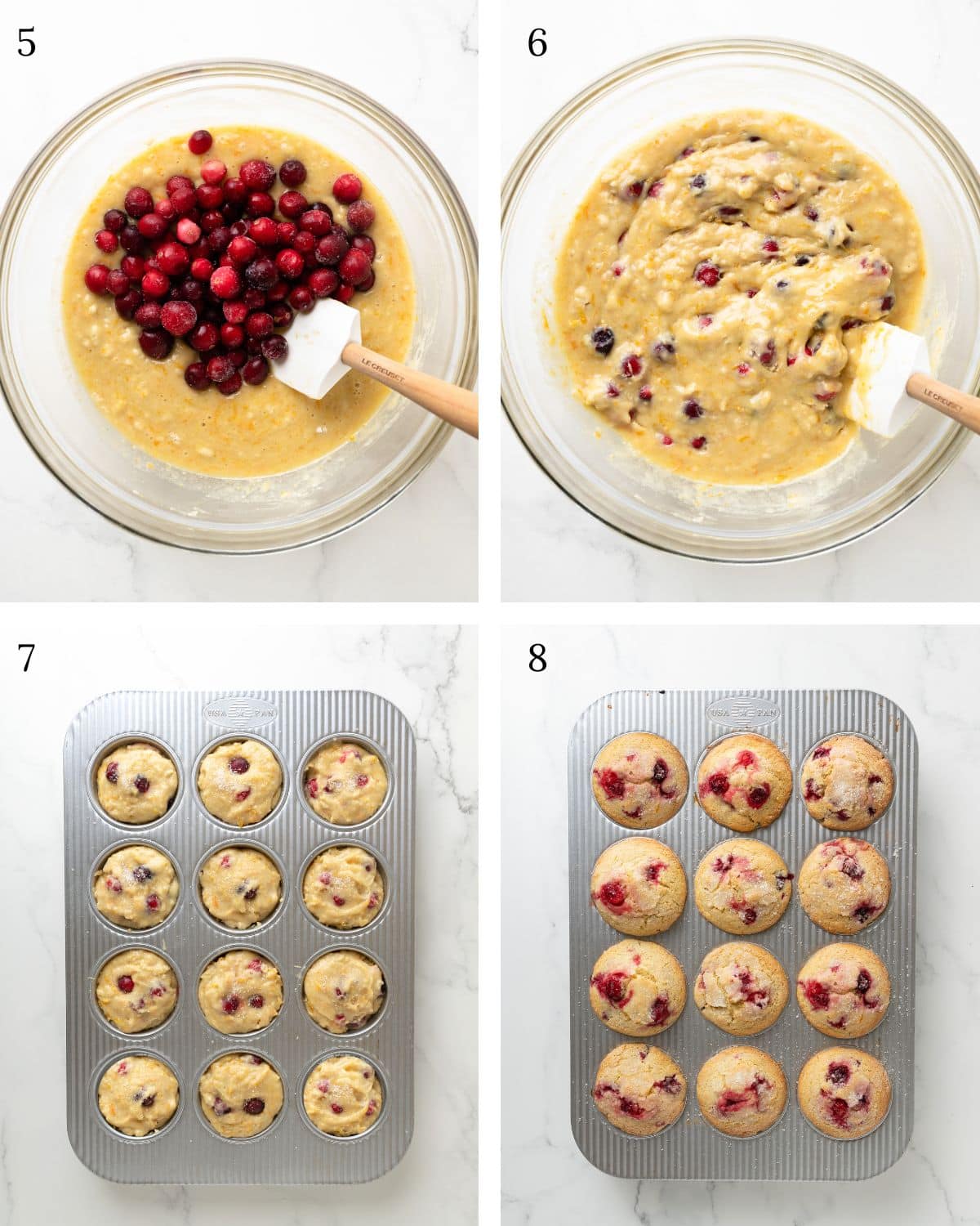 Steps showing gluten-free cranberry orange muffins. A large bowl with frozen cranberries being folded in. A large clear bowl with the batter fully mixed. A muffin tin with the batter is added to each well. Finally, the last photo shows 12 fully baked muffins in the tin, doming over the top with vibrant red cranberries poking through.