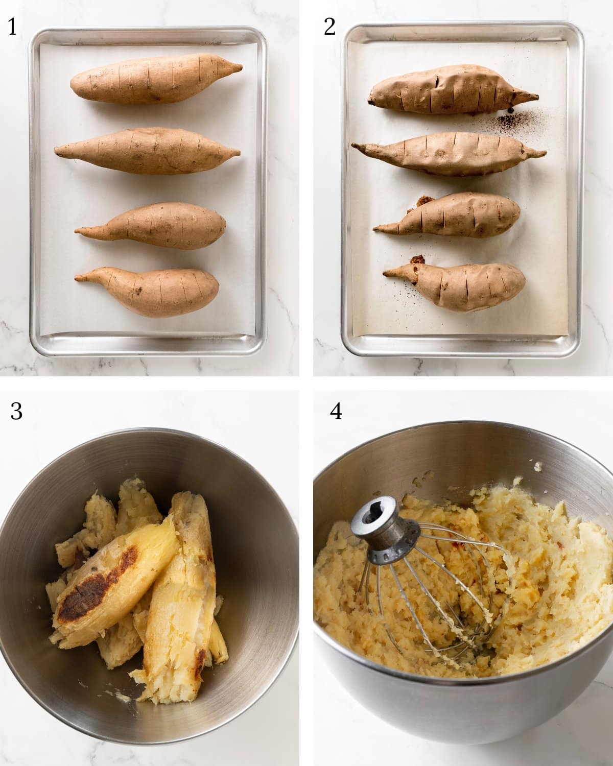 A step by step guide of instructions for mashed white sweet potatoes. Four potatoes are shown on a silver baking tray, with a second photo showing the potatoes roasted. Third photo shows the potatoes peeled in a metal mixing bowl, and the fourth photo shows the potato mixture with a whisk attachment.