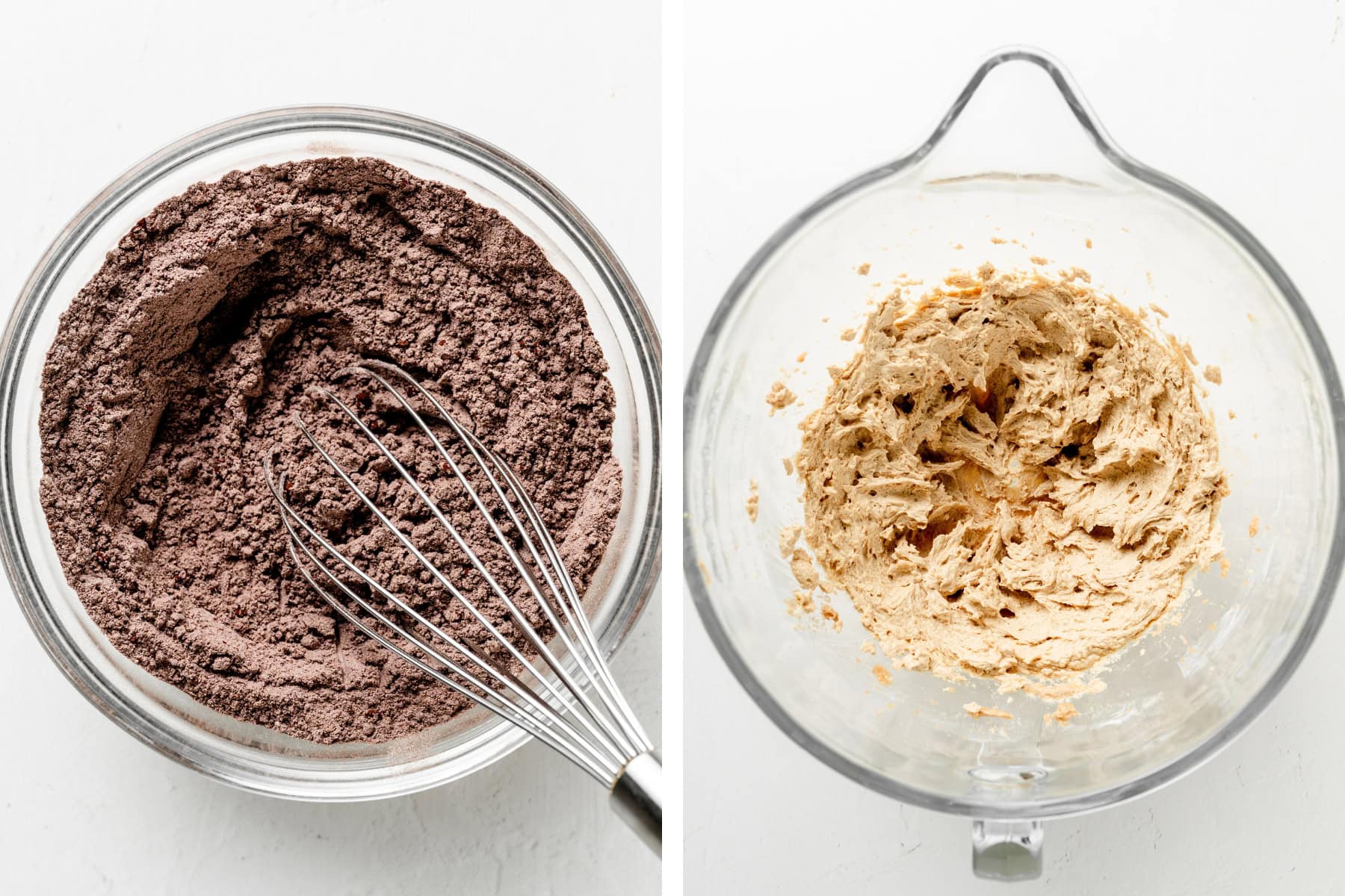 A step by step picture of double chocolate chip cookies being made. Whisking the ingredients in a clear bowl with a whisk in the first picture. Second picture shows creaming the butter and sugar.