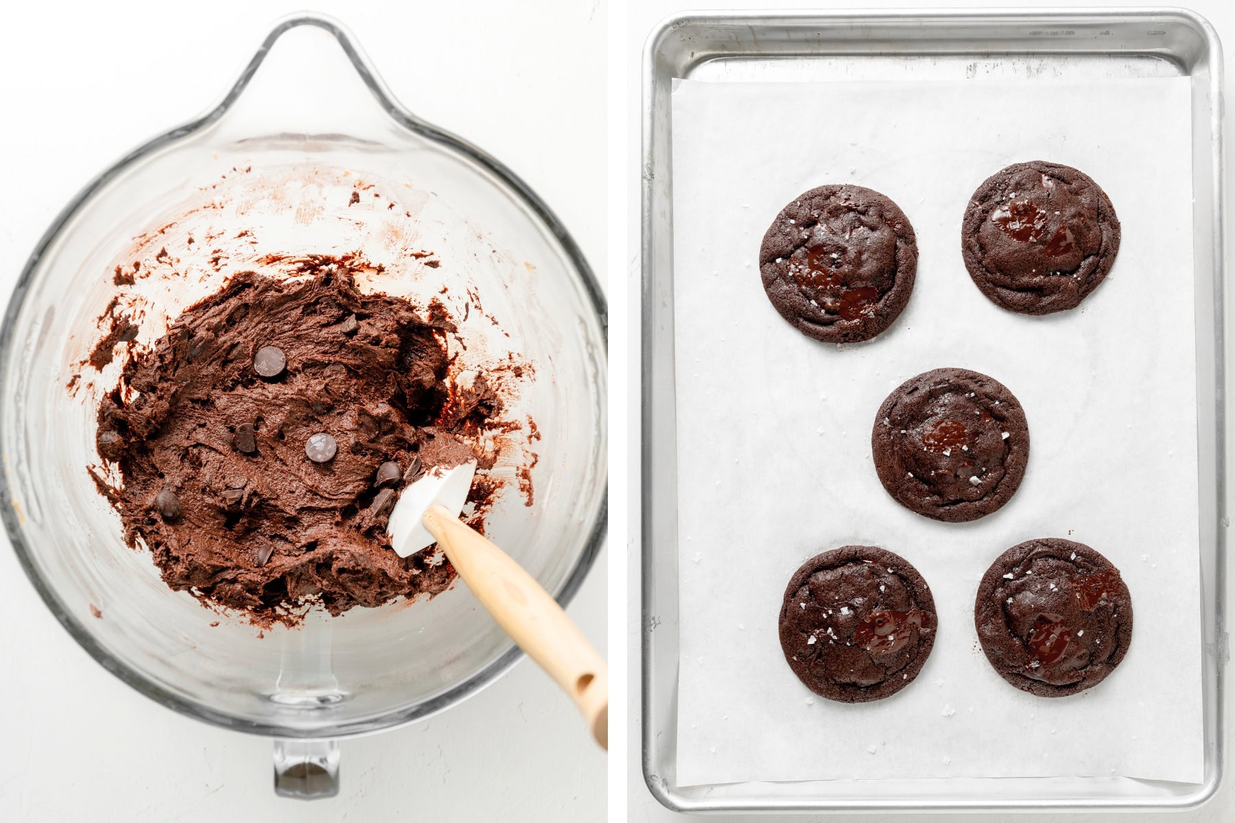 Double chocolate cookie dough in a mixing bowl. Double chocolate cookies baked on a baking tray