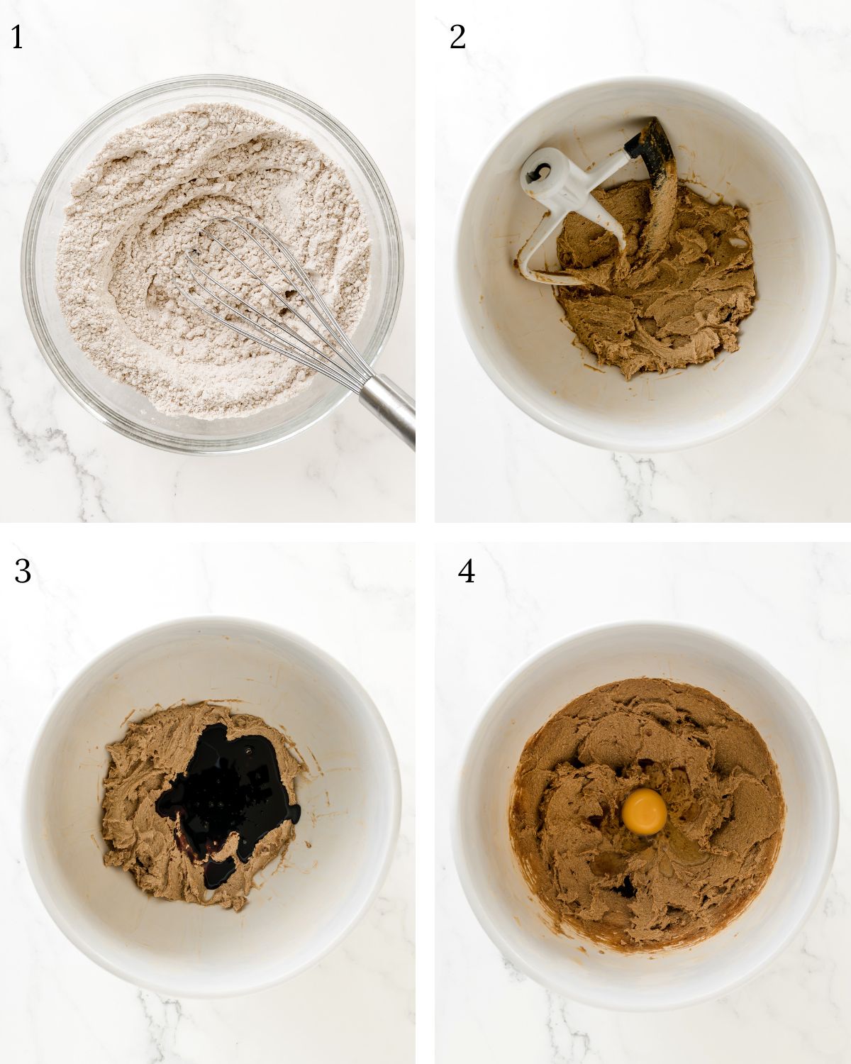 Instructions on how to make gluten-free molasses cookies. The first photo is a clear bowl whisking the dry ingredients, followed by a large white bowl creaming the butter and both sugars, adding the molasses, and then adding the egg and vanilla extract. 