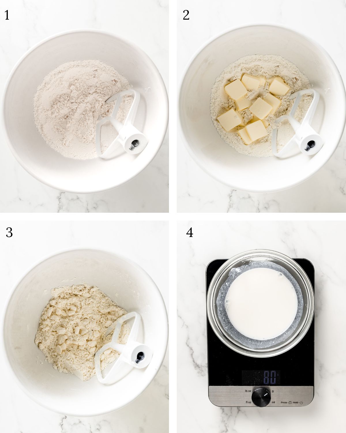 Steps making the gluten-free pie crust. A large white bowl with paddle attachment and flour. Second photo shows cubed butter added to the large white bowl with flour. Third photo shows the butter incorporated into the flour. Fourth photo shows the wet ingredients mixed together in a small bowl on a food scale.