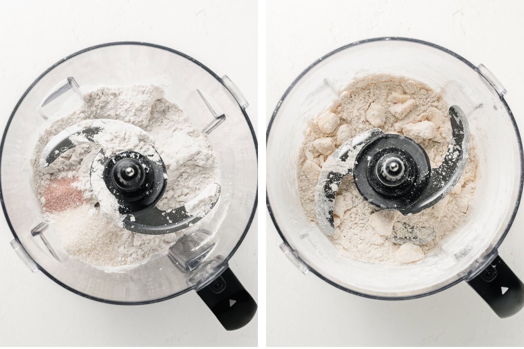 Dry ingredients with cubes of butter for pie dough in a food processor.