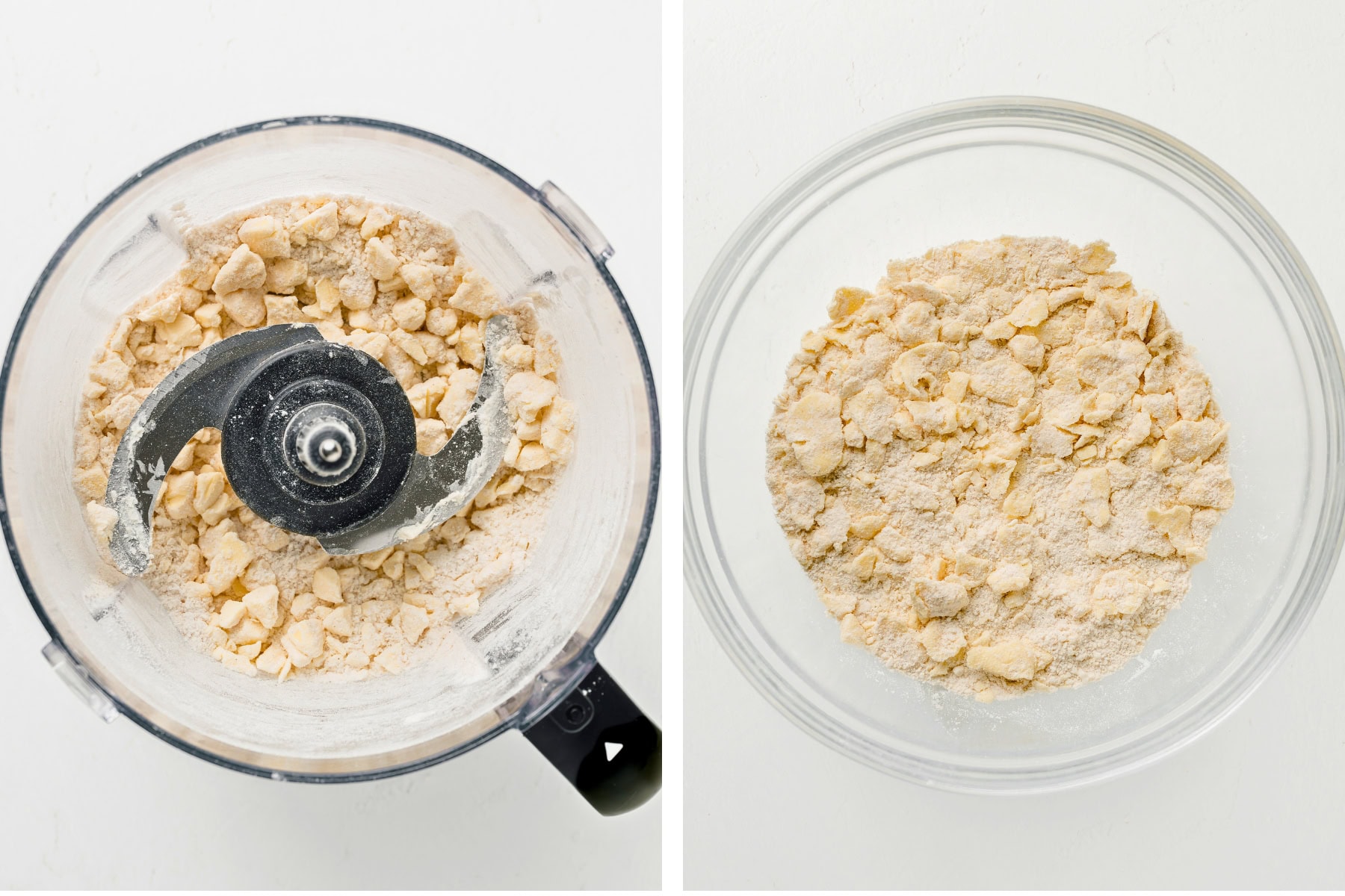 Large cubes of butter and flour in a food processor that is then transferred to a clear bowl to bring together.