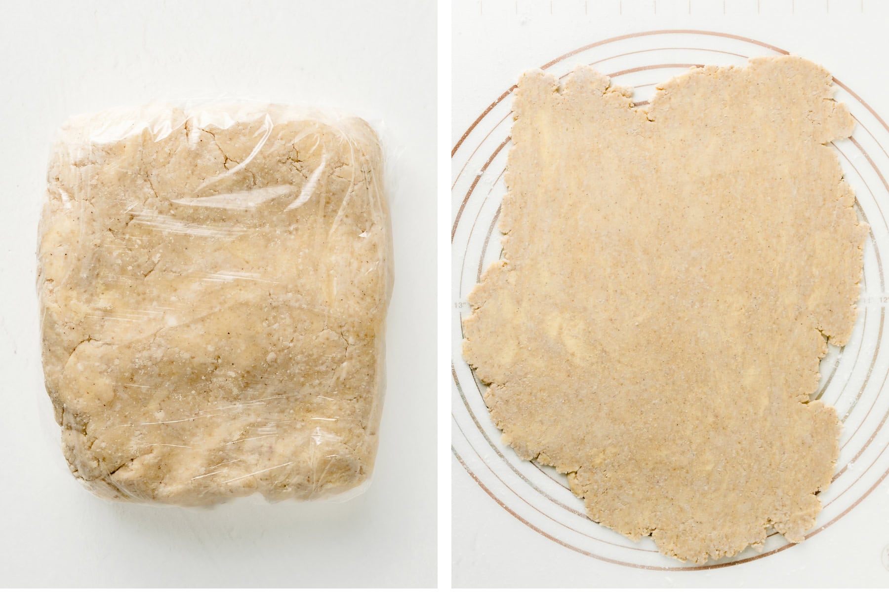 Shaping the pie dough into a square and then rolling it out on a floured surface.