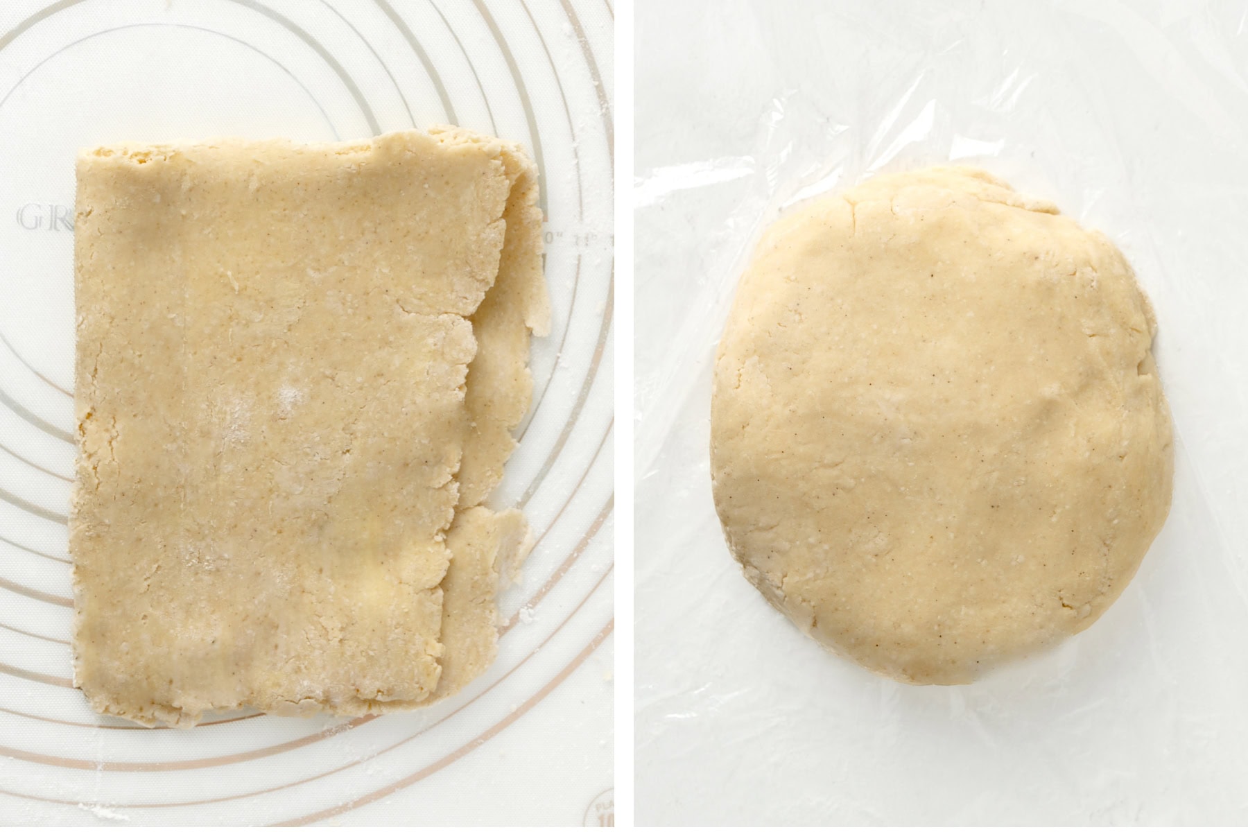 Folding the pie dough in half to create layers, then shaping the dough back into a disk.