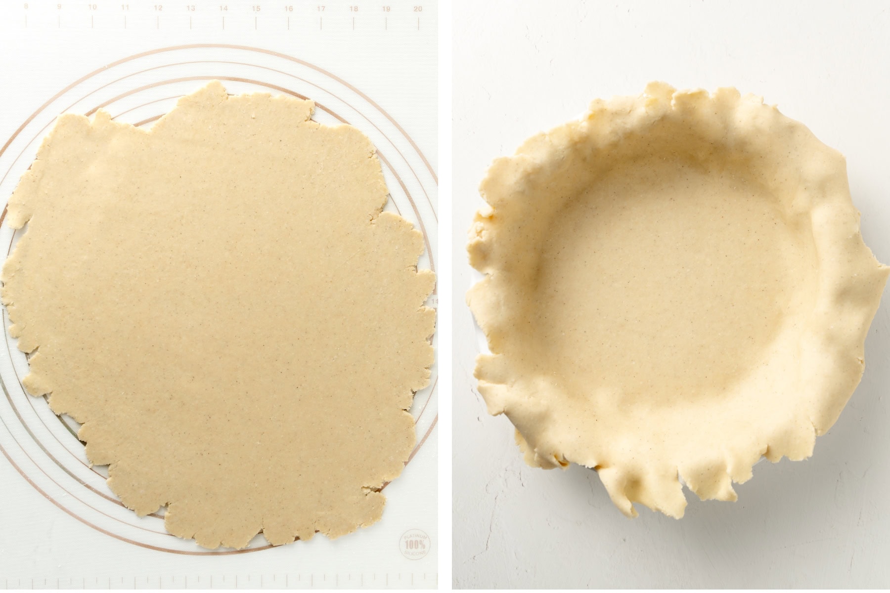 Rolling out the gluten free pie dough then placing it in a pie dish.