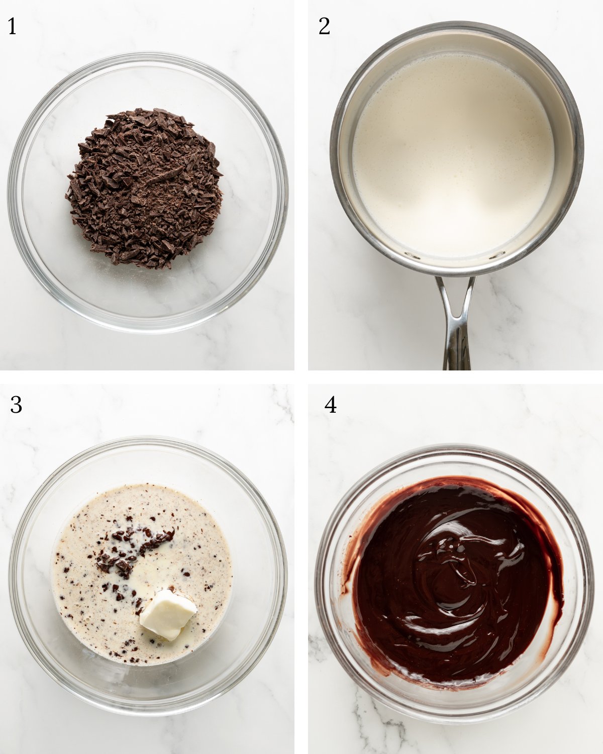 Steps showing the process of making ganache. Add a chopped chocolate to a clear bowl, heat the cream in a  metal saucepan, pour the cream over the chopped chocolate and add softened butter, stir the ganache until smooth. 