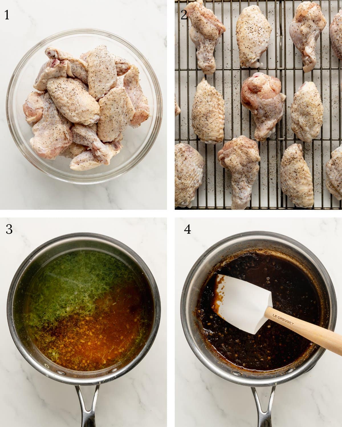 Step showing how to make tequila lime chicken wings. A large bowl with chicken wings, coated in avocado oil, and seasonings. Chicken wings are then placed on a lined baking rack. In a saucepan in the tequila lime glaze, which is reduced until thickened. 