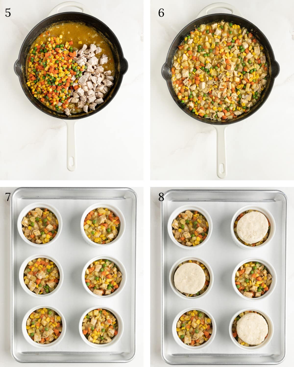 Steps showing how to make gluten-free dairy-free chicken pot pie. Adding the vegetables to the gravy filling, then fill with mini ramekins and top with biscuits. 