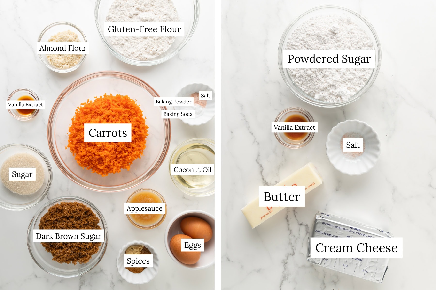 Ingredient shot for gluten-free carrot cake cupcakes.