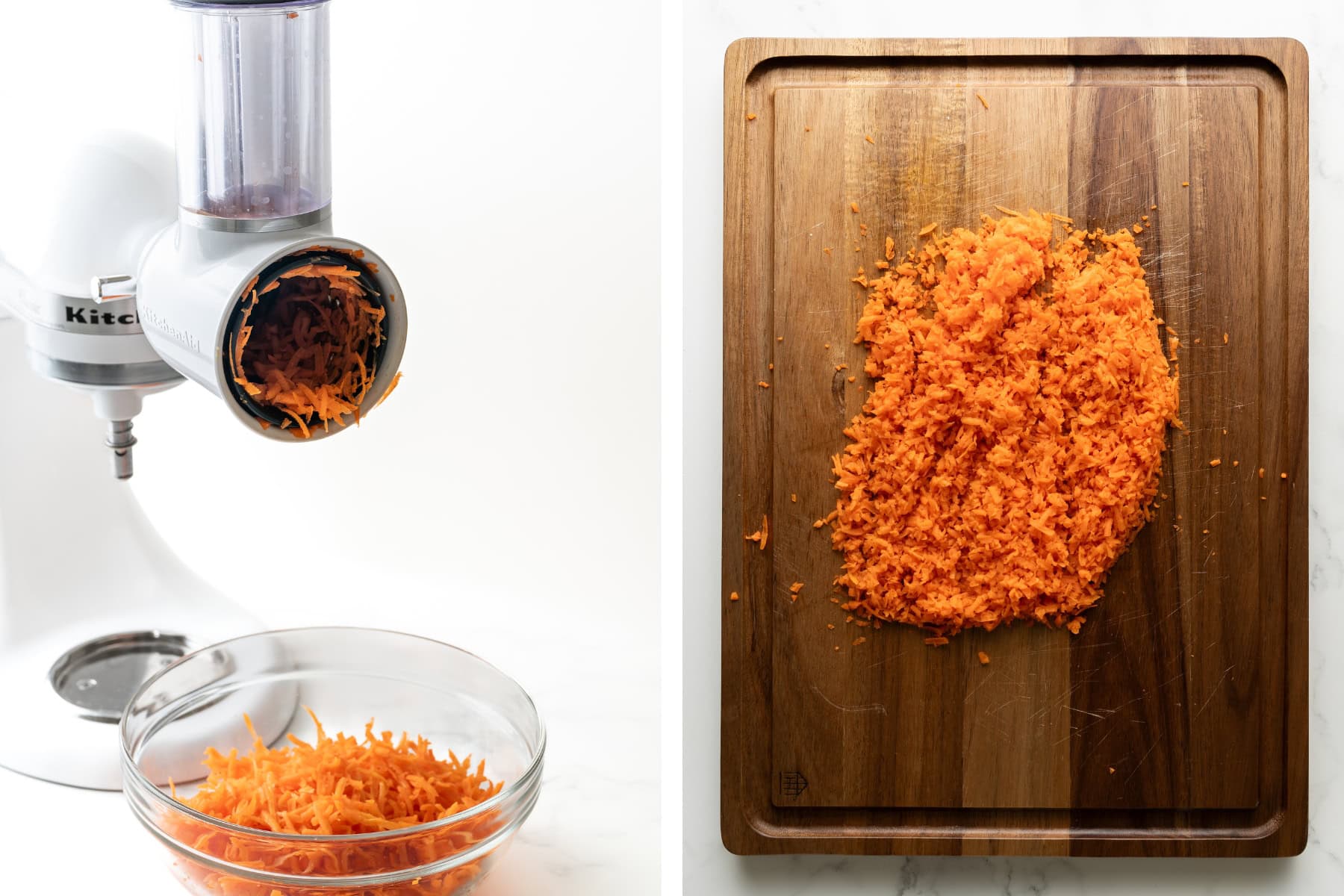 Steps showing how to make gluten-free carrot cupcakes. Start by grating the carrots and the dicing them into small pieces.