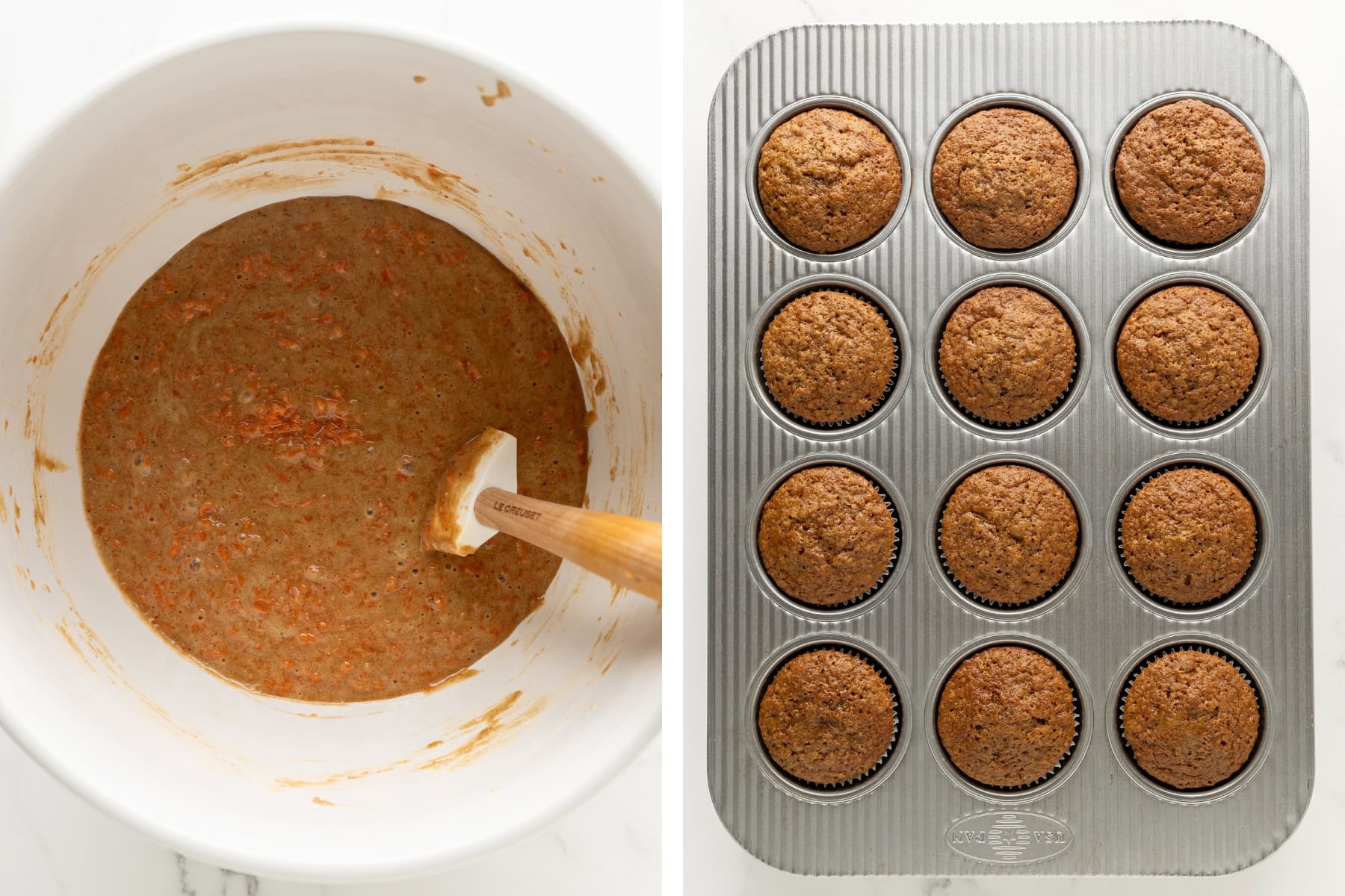 Gluten free carrot cake cupcakes mixture, then fully baked.