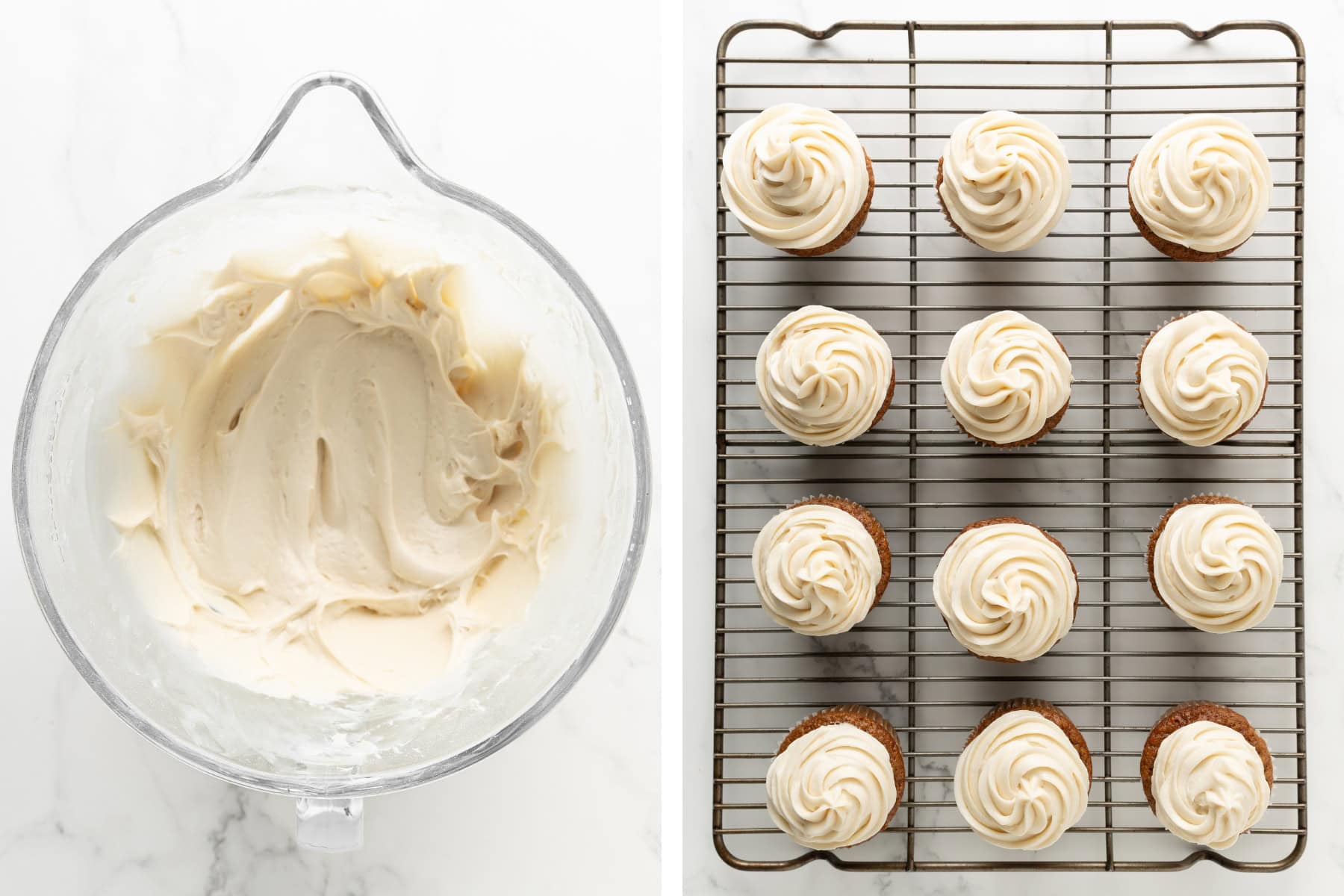 Cream cheese frosting on gluten free carrot cake cupcakes.