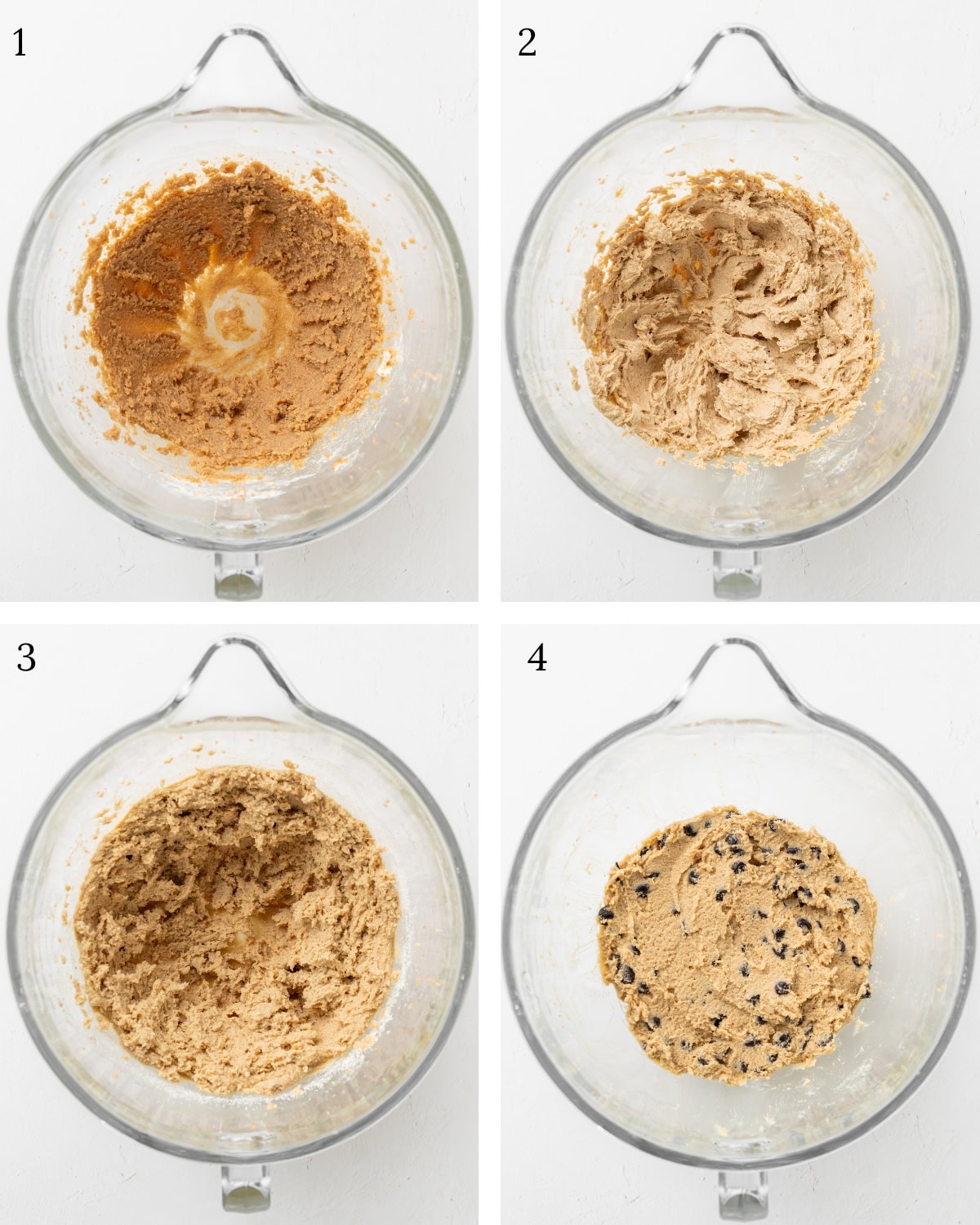 Steps showing how to make gluten free almond flour chocolate chip cookies. Cream the butter, add the egg and vanilla, add the dry ingredients, fold in the chocolate.