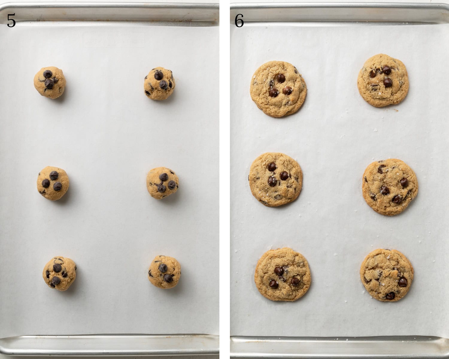 Almond flour chocolate chip cookies dough on a baking sheet baked.