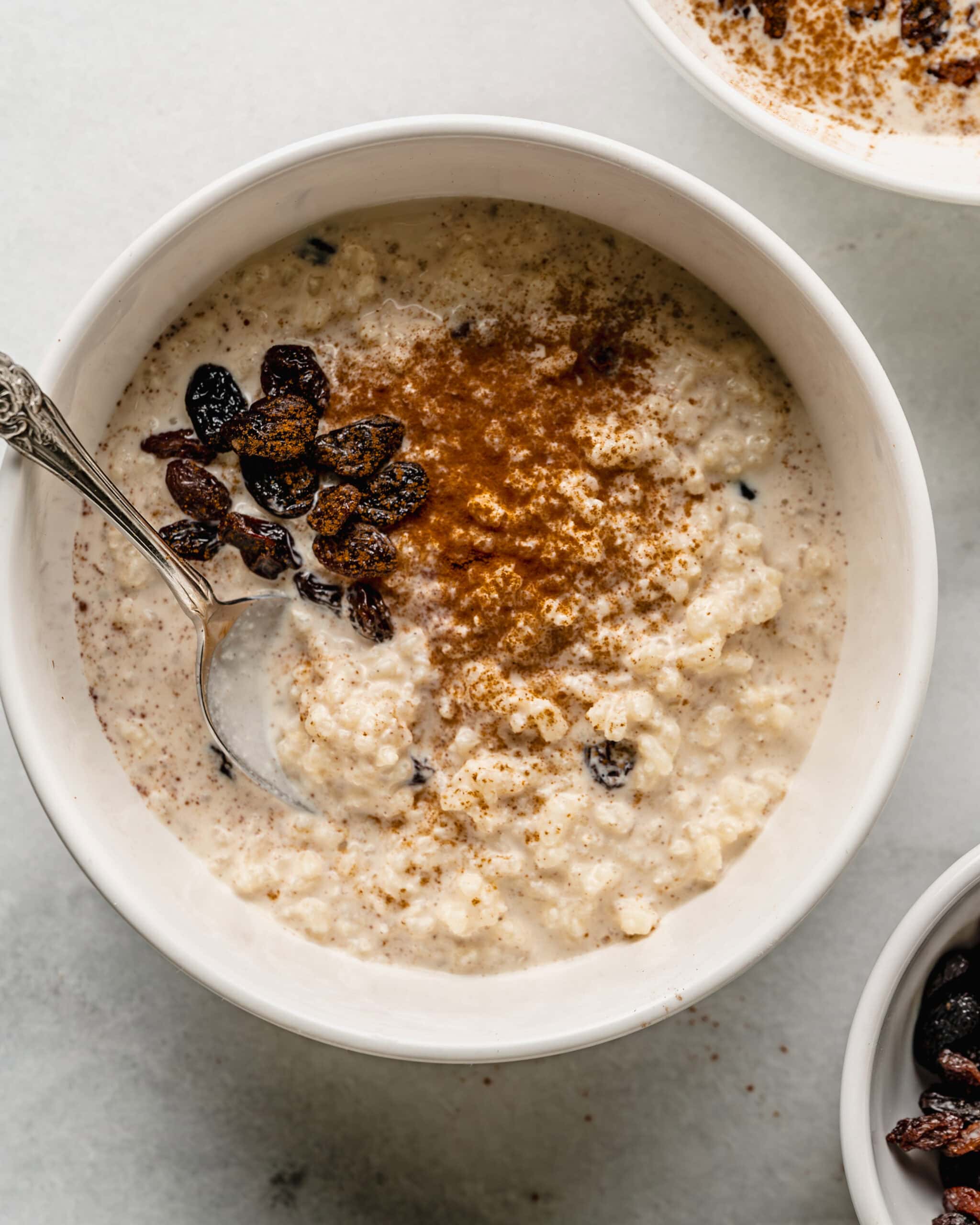 Rice pudding in a bowl with raisins