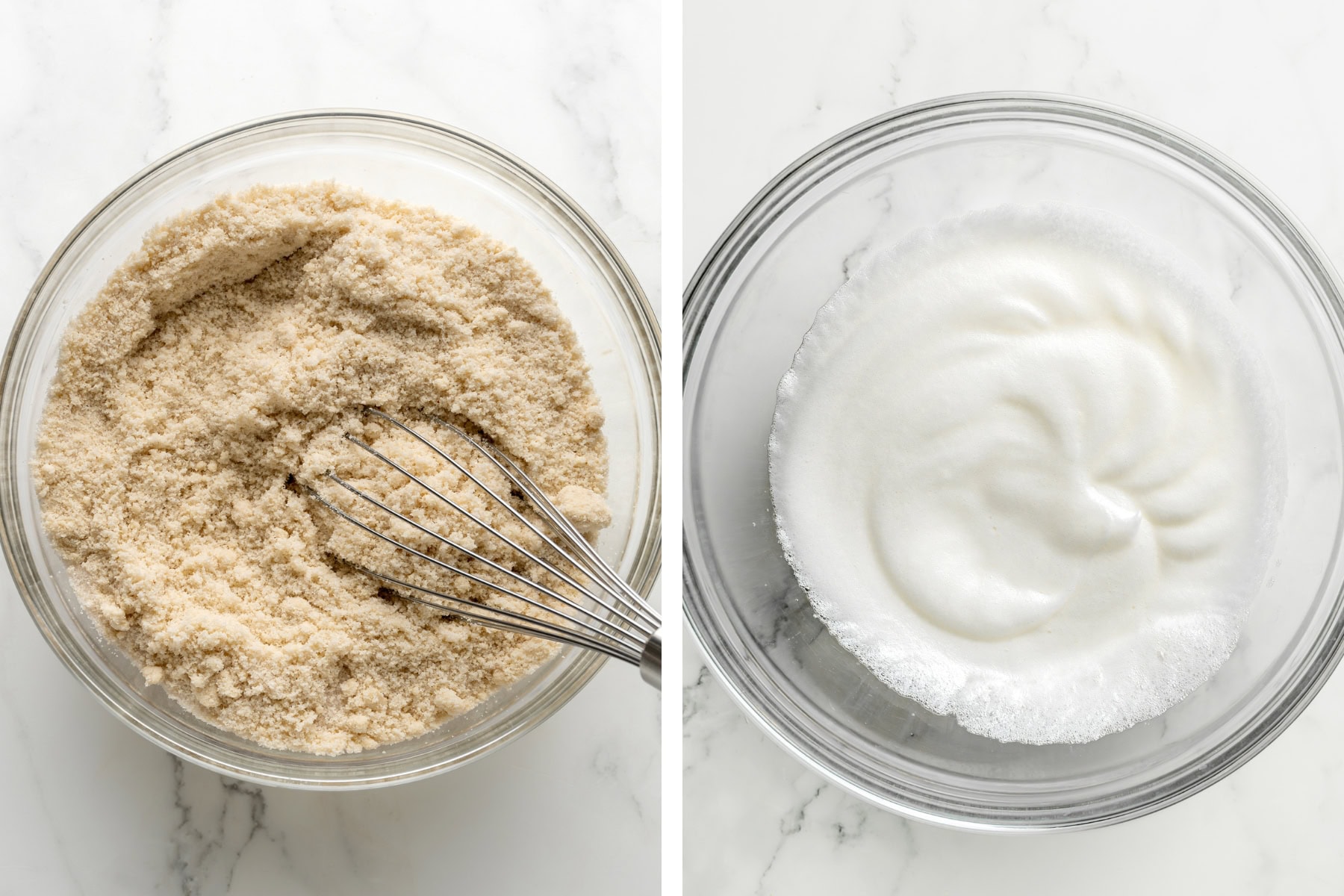Almond flour in a bowl being mixed, next to a bowl of whipped egg whites.