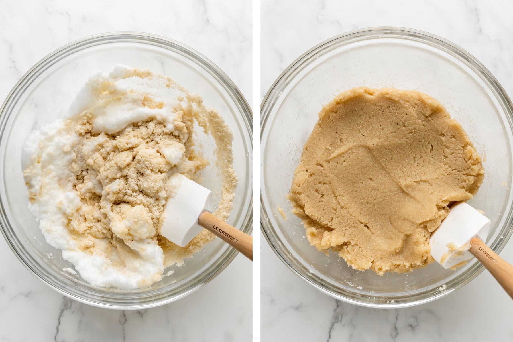 Egg whites being folded into almond flour mixture, next to a bowl of amaretti cookie dough.