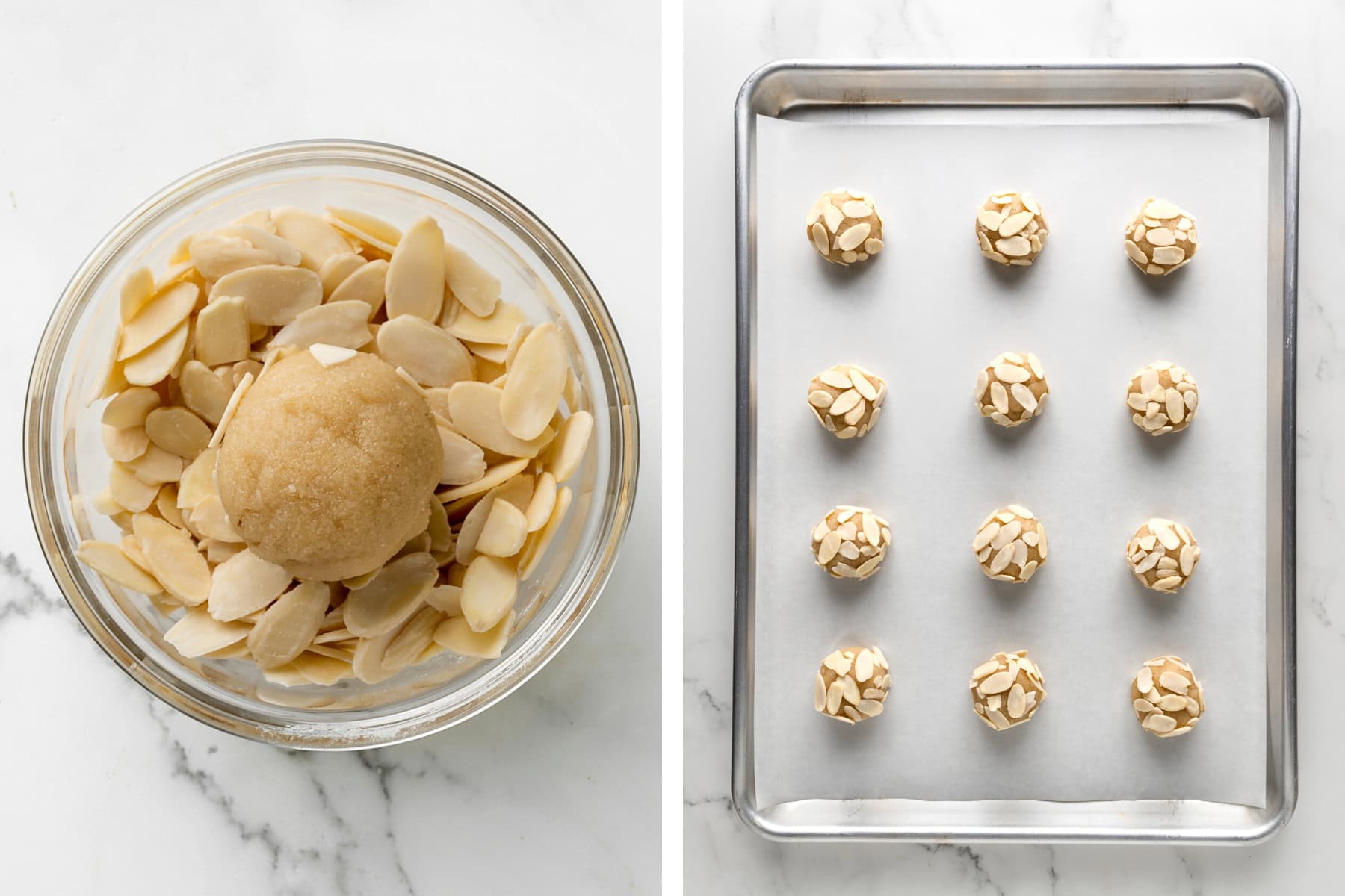 Rolling the amaretti cookie dough into almonds, then placing the cookie dough balls on a lined baking sheet.