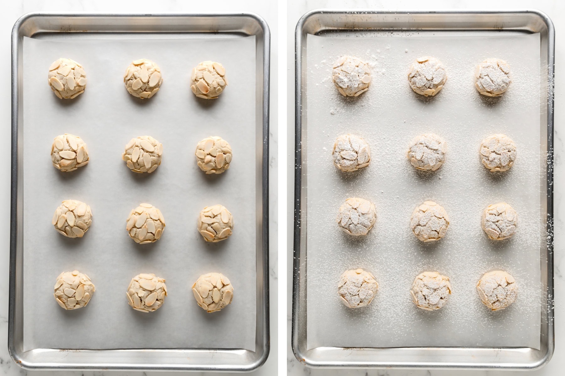 Baked amaretti cookies that are then dusted with powdered sugar.