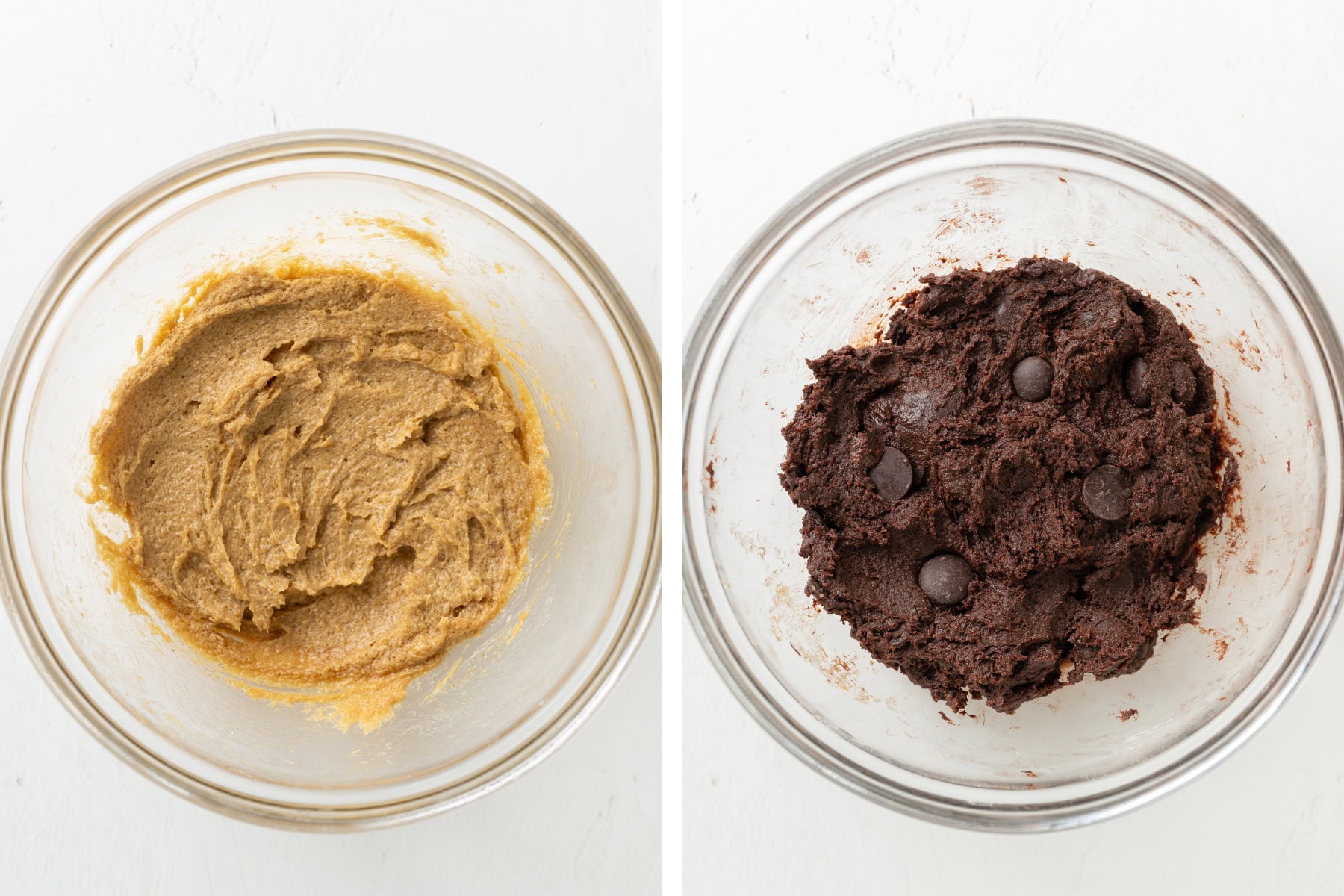Steps showing how to make small batch chocolate cookies. Cream the butter and sugar, add the egg and vanilla, add the dry ingredients.