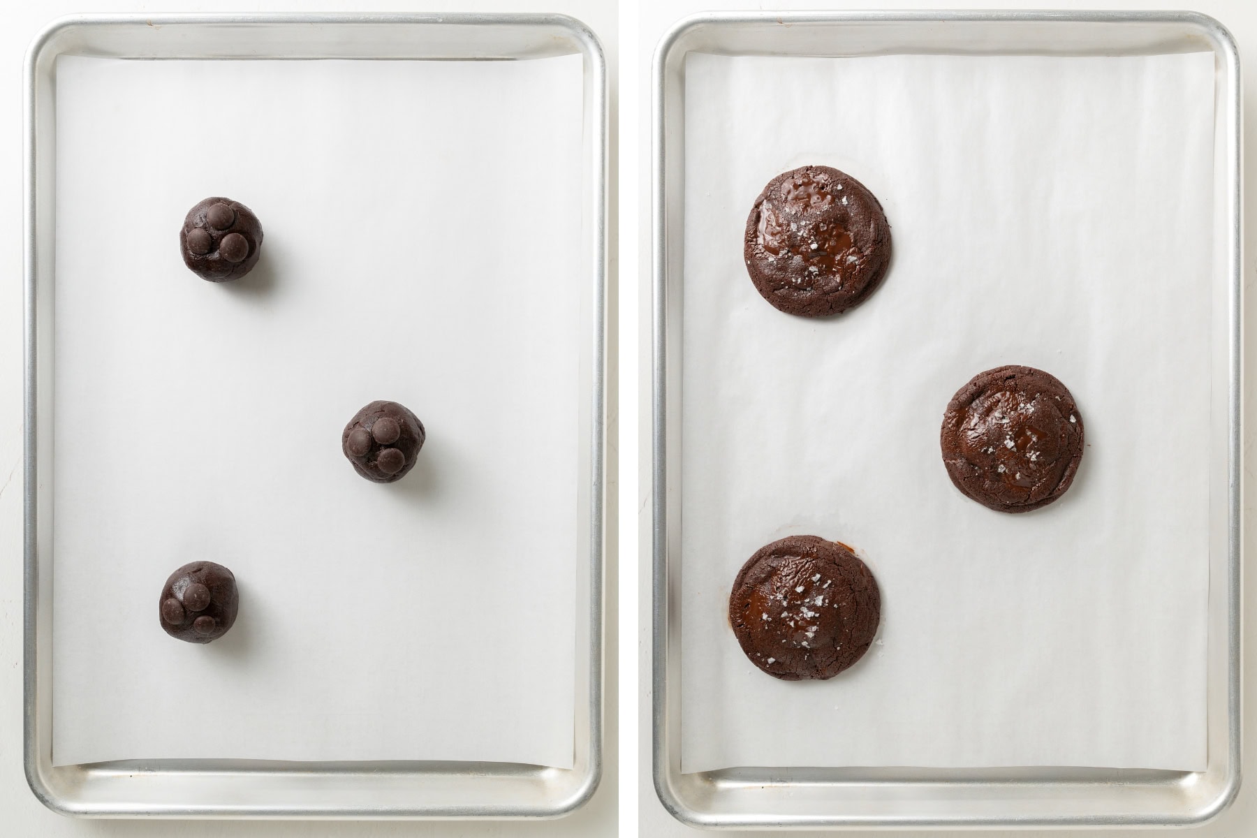 Roll chocolate cookie dough balls and place them on a lined baking sheet. Bake three cookies.