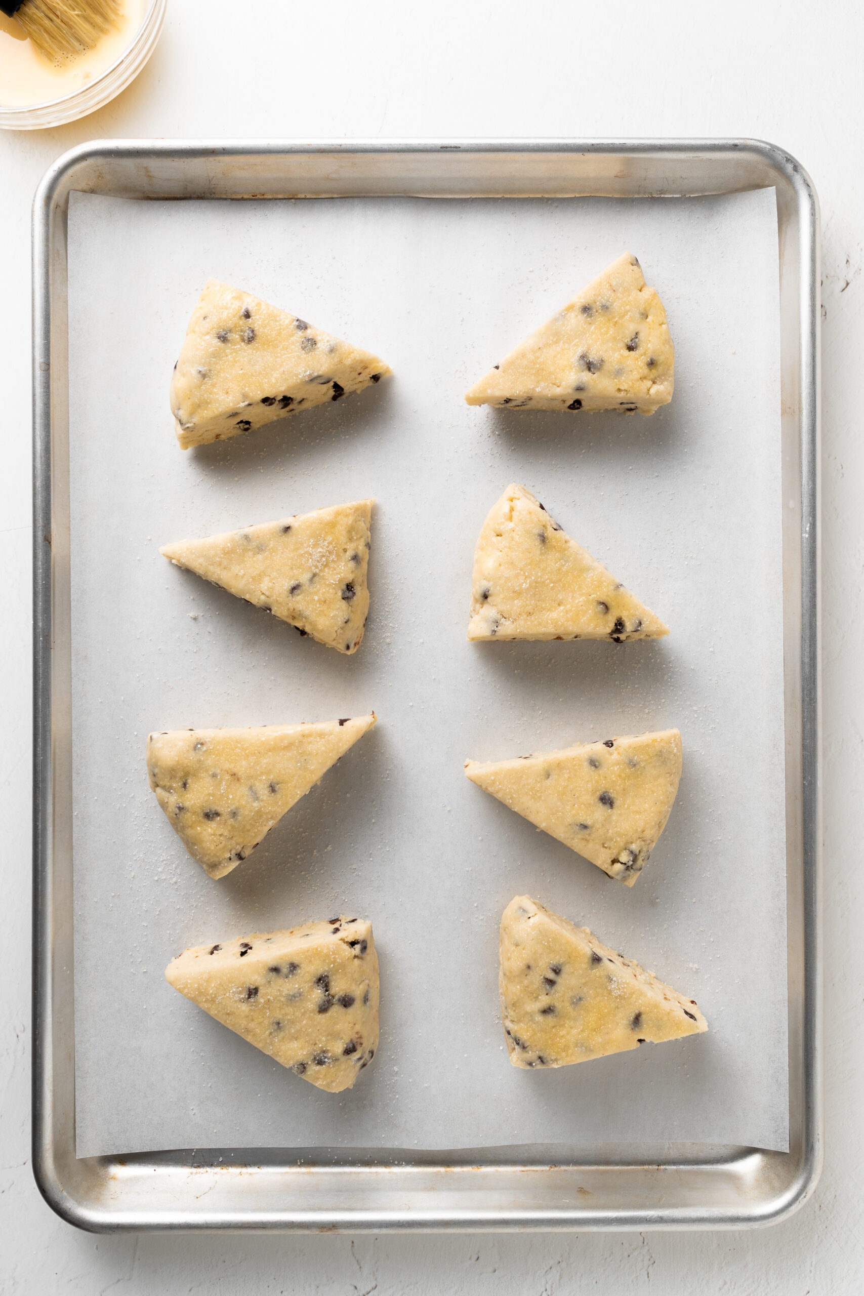 Brush chocolate chip scones with egg wash.