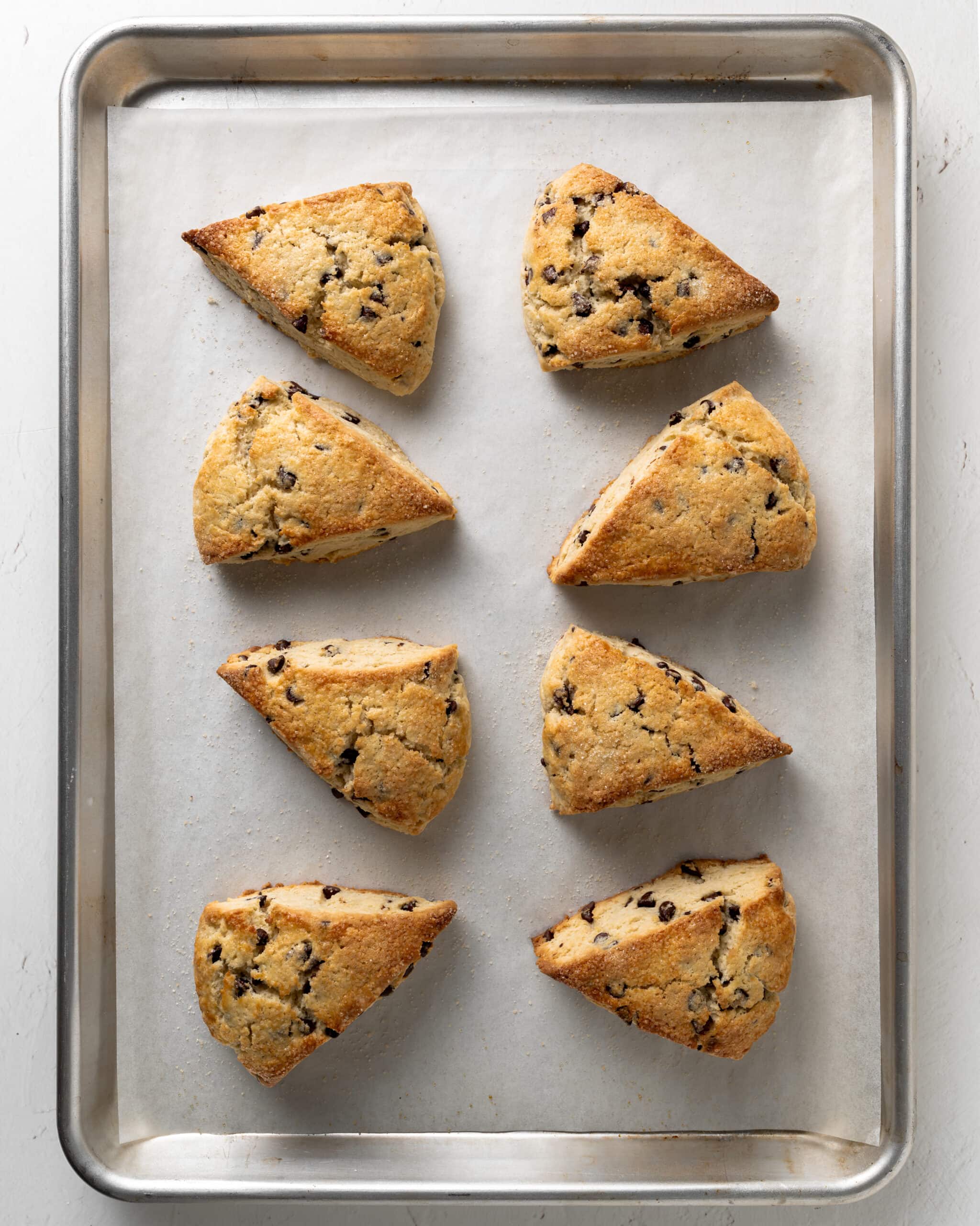 Baked chocolate chip scones on a baking sheet.
