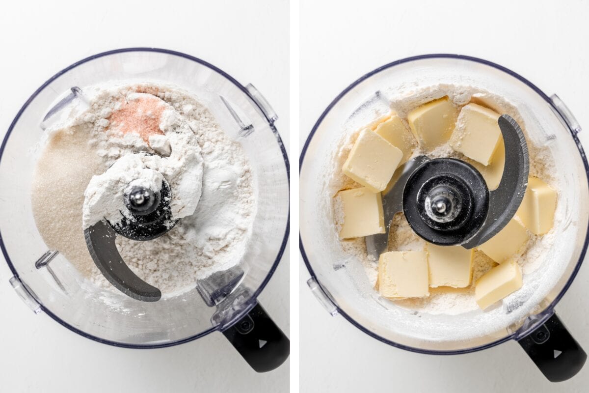 A photo blender flour in a food processor, then blending butter.