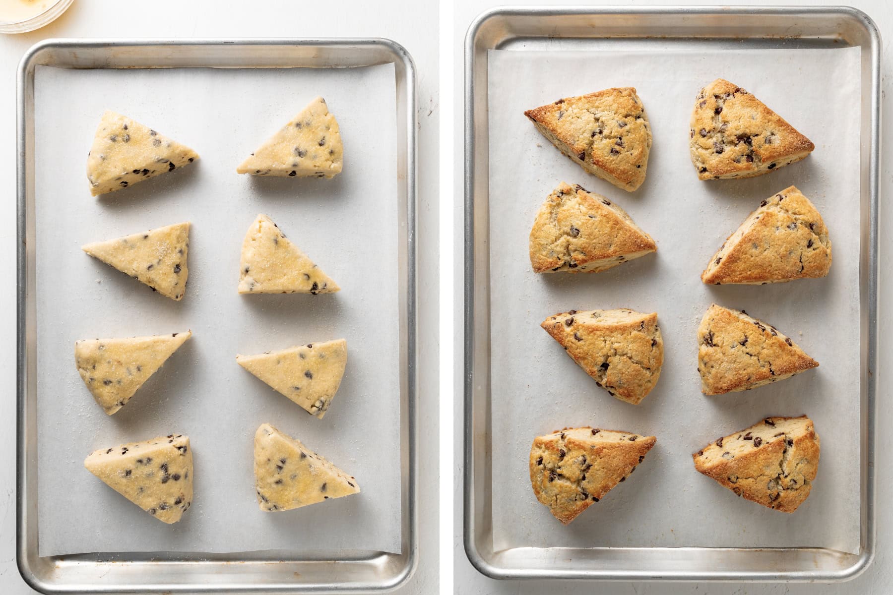 Brushing the chocolate chip scones with an egg wash then baking until golden brown.