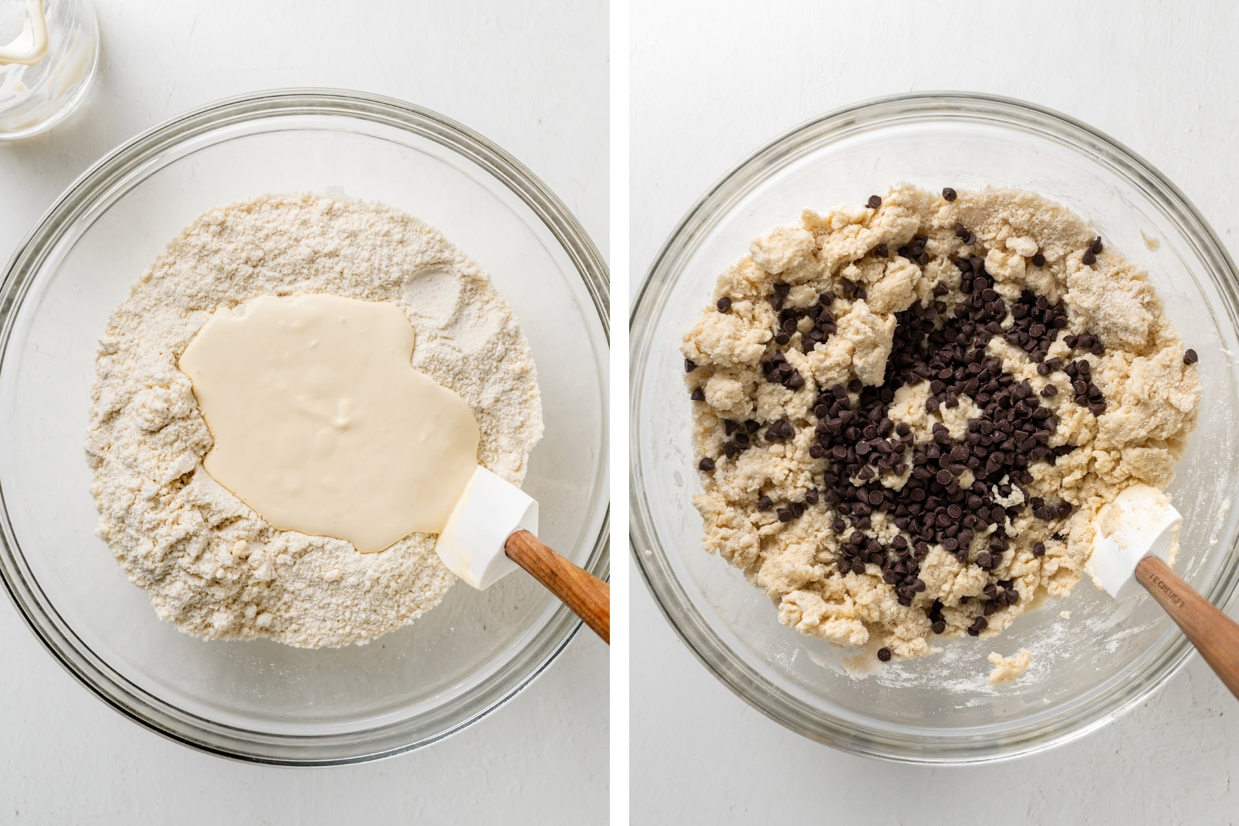A large bowl of flour mixed with a sour cream mixture for scones with added chocolate chips.